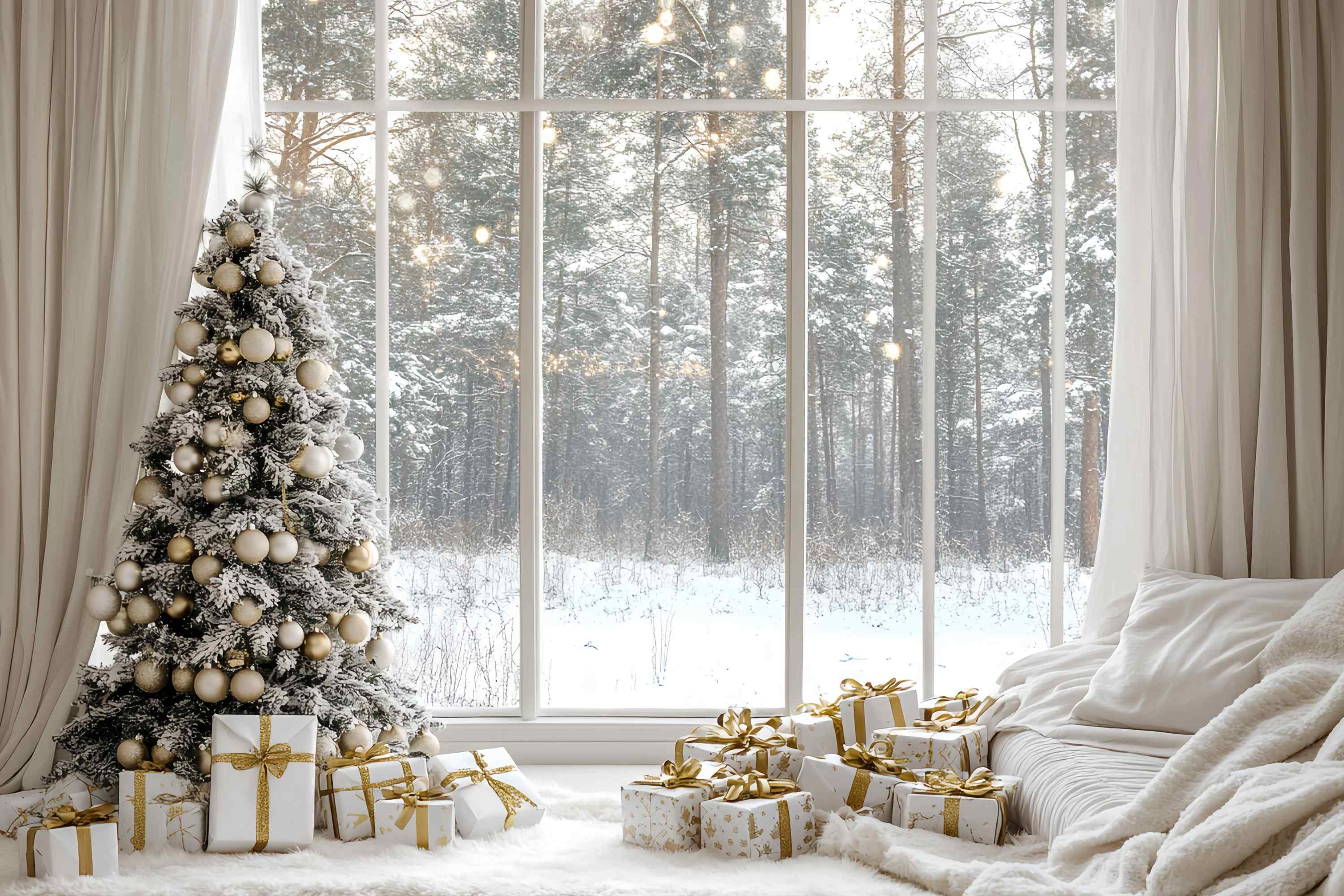 White Christmas Backdrop Snowy Pine Gold Ornament Cozy Window Christmas Backdrops for Photography UK TWW58-100
