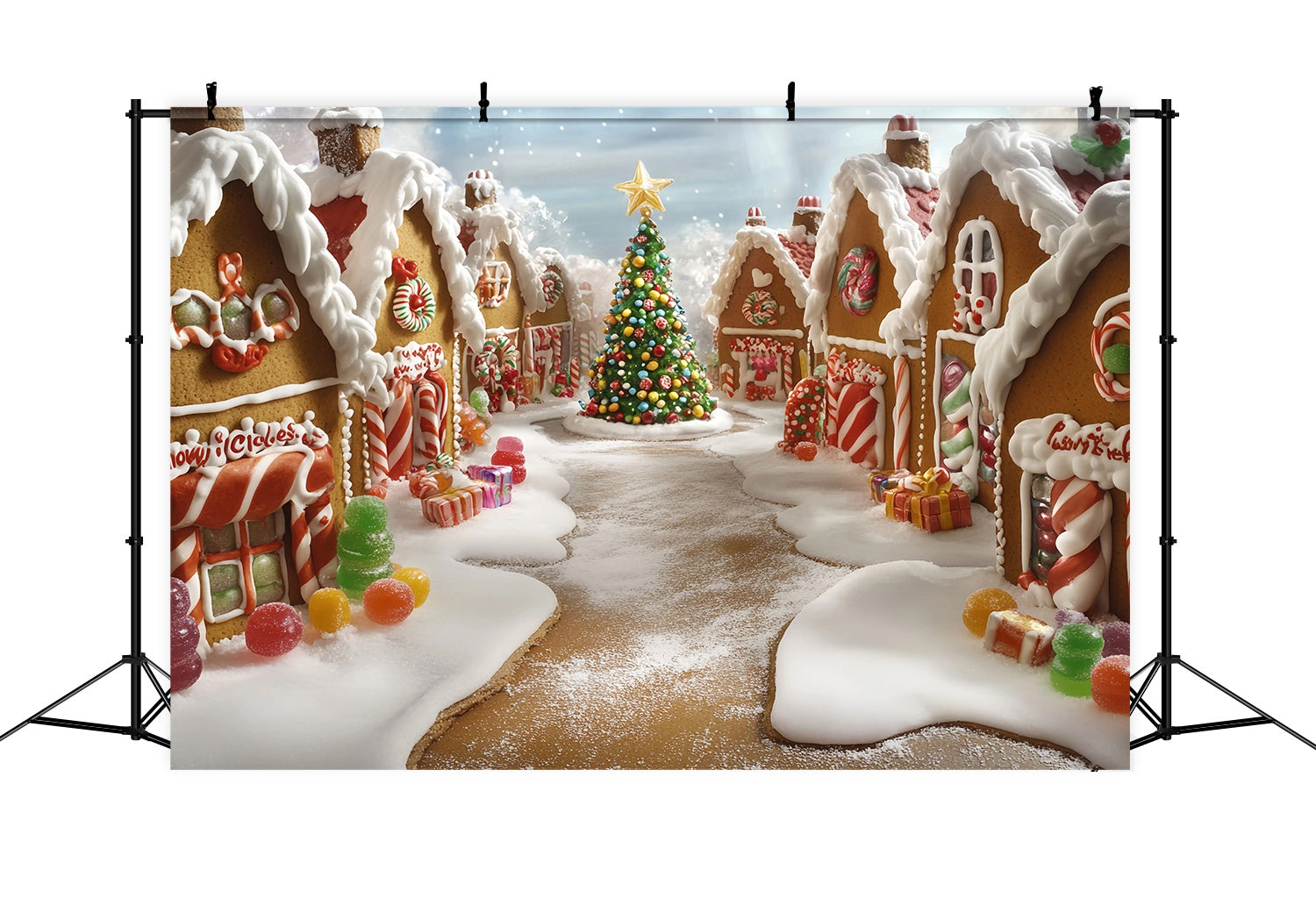 Candyland Christmas Backdrop Gingerbread Candy Village Christmas Tree Professional Christmas Backdrops UK TWW58-101