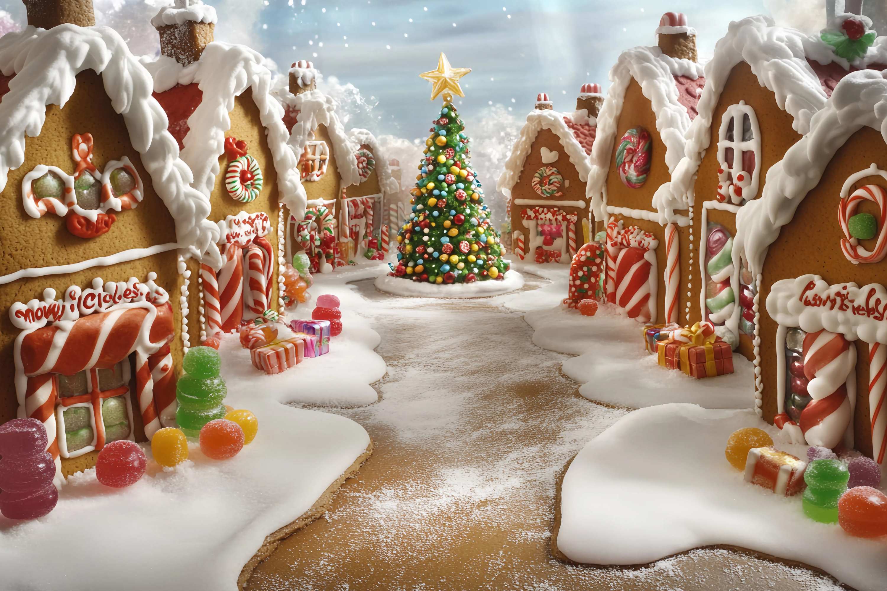 Candyland Christmas Backdrop Gingerbread Candy Village Christmas Tree Professional Christmas Backdrops UK TWW58-101