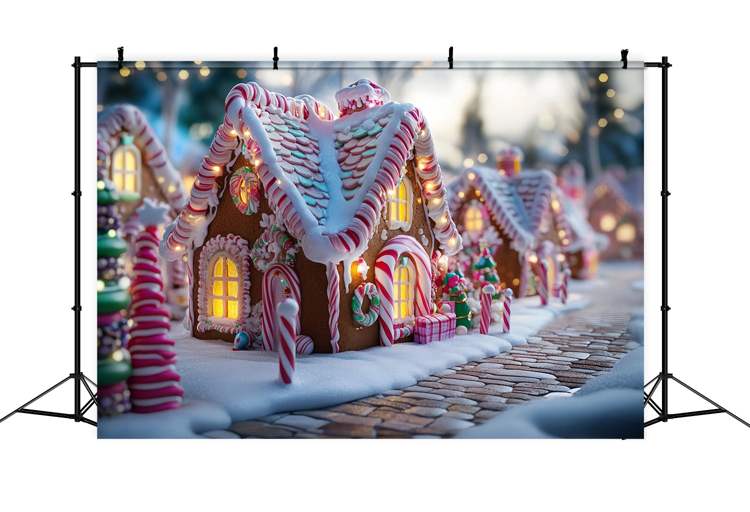 Candyland Christmas Backdrop Candy Cane Gingerbread House Street Christmas Photo Backdrops UK TWW58-103