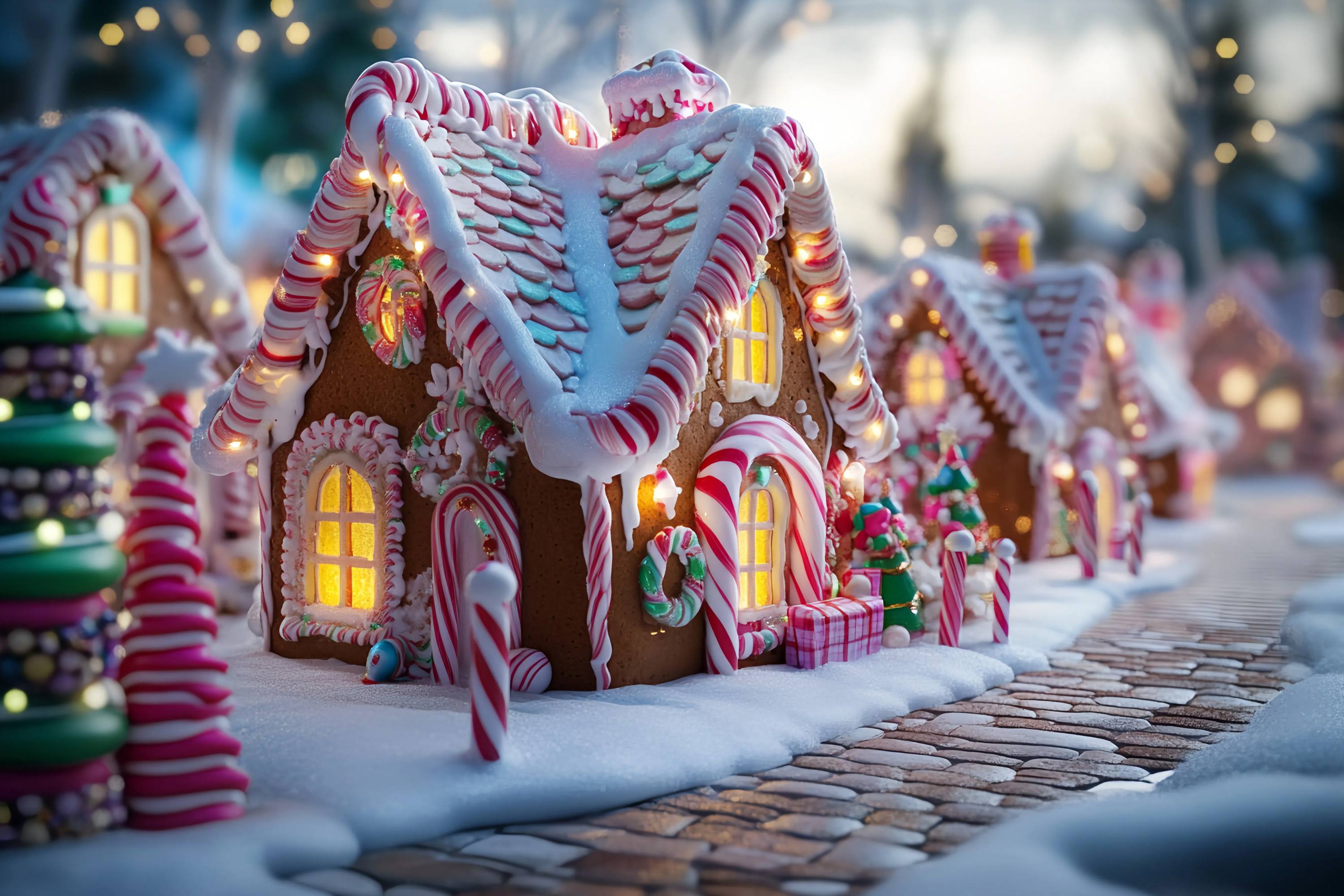 Candyland Christmas Backdrop Candy Cane Gingerbread House Street Christmas Photo Backdrops UK TWW58-103