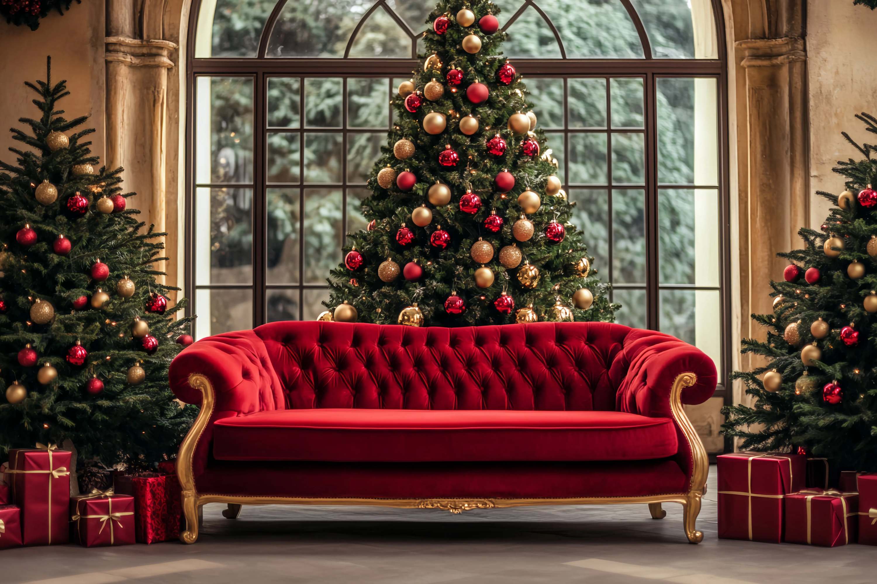 Christmas Tree Backdrop Red Gold Sofa Christmas Trees Professional Christmas Backdrops UK TWW58-104