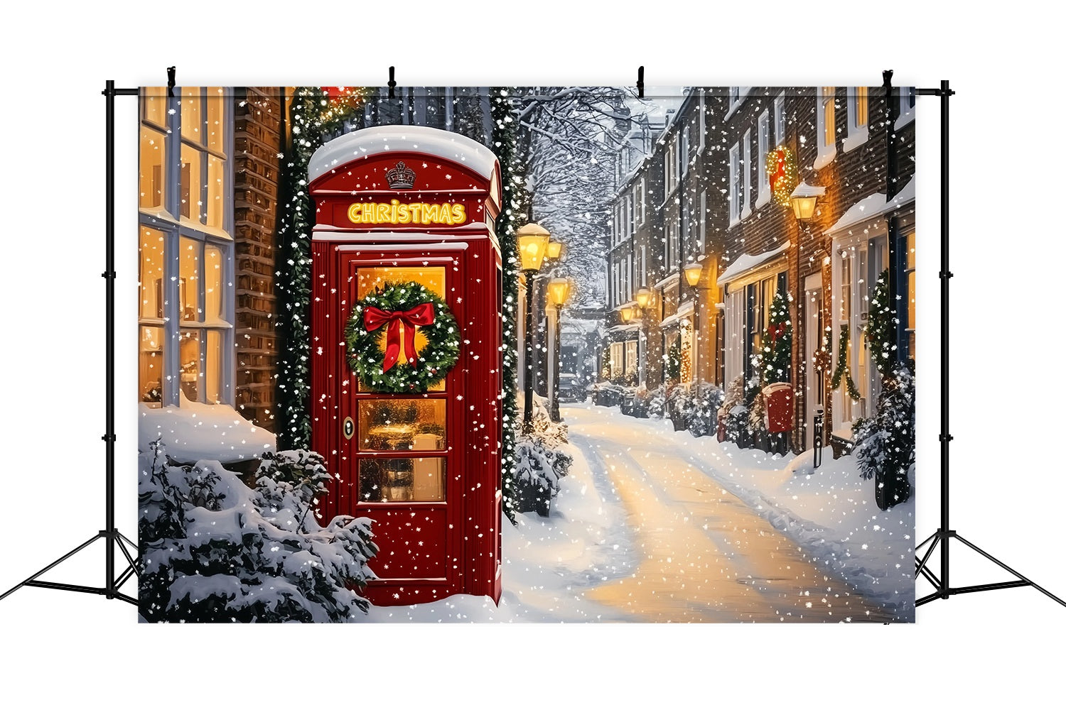 Red Christmas Backdrop Red Phone Booth Snowy Street Backdrop Christmas UK TWW58-105