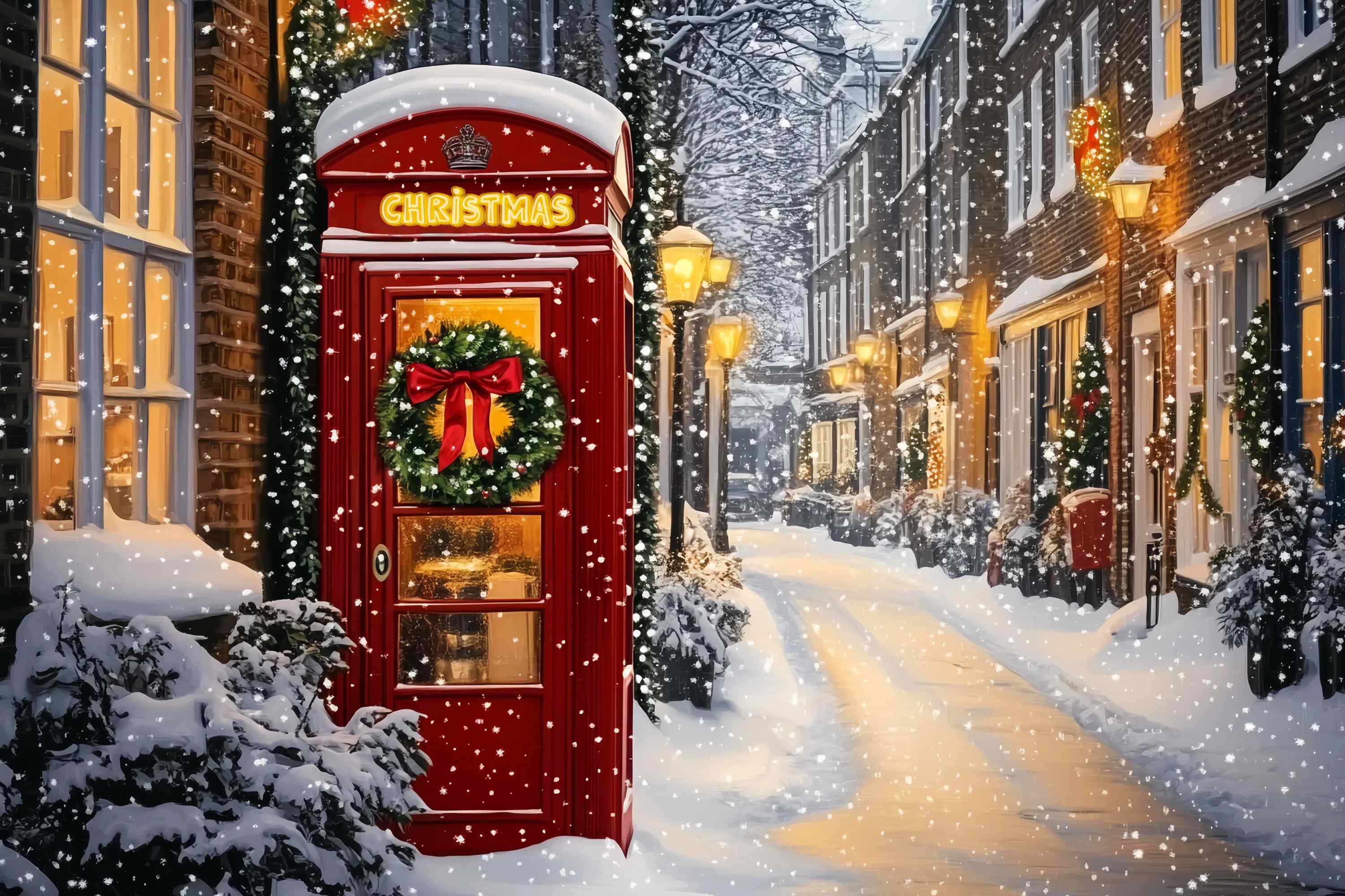 Red Christmas Backdrop Red Phone Booth Snowy Street Backdrop Christmas UK TWW58-105