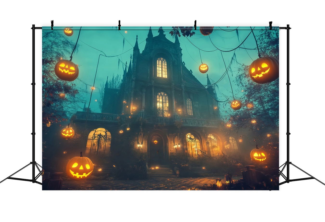 Haunted House Backdrop Floating Jack-O’-Lanterns Around Gothic Mansion Halloween Photo Backdrop UK TWW58-11