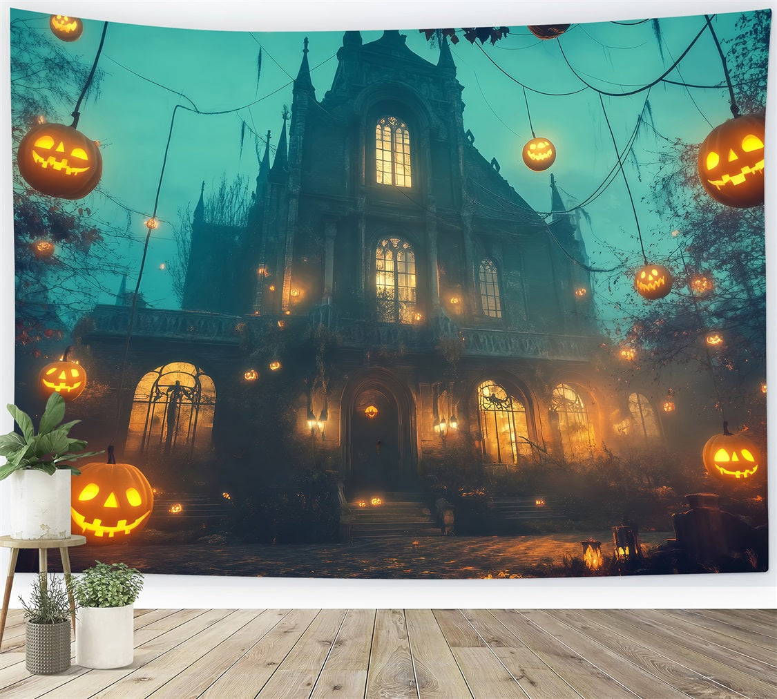 Haunted House Backdrop Floating Jack-O’-Lanterns Around Gothic Mansion Halloween Photo Backdrop UK TWW58-11