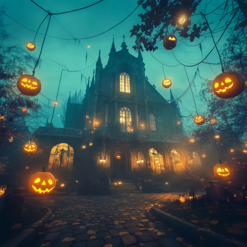 Haunted House Backdrop Floating Jack-O’-Lanterns Around Gothic Mansion Halloween Photo Backdrop UK TWW58-11