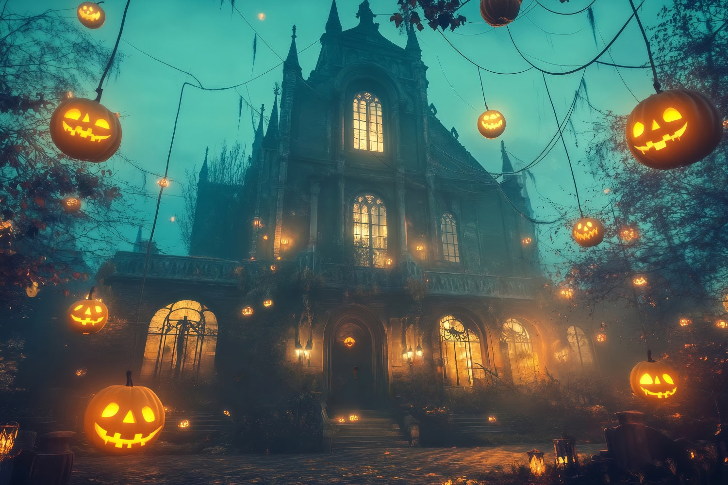 Haunted House Backdrop Floating Jack-O’-Lanterns Around Gothic Mansion Halloween Photo Backdrop UK TWW58-11