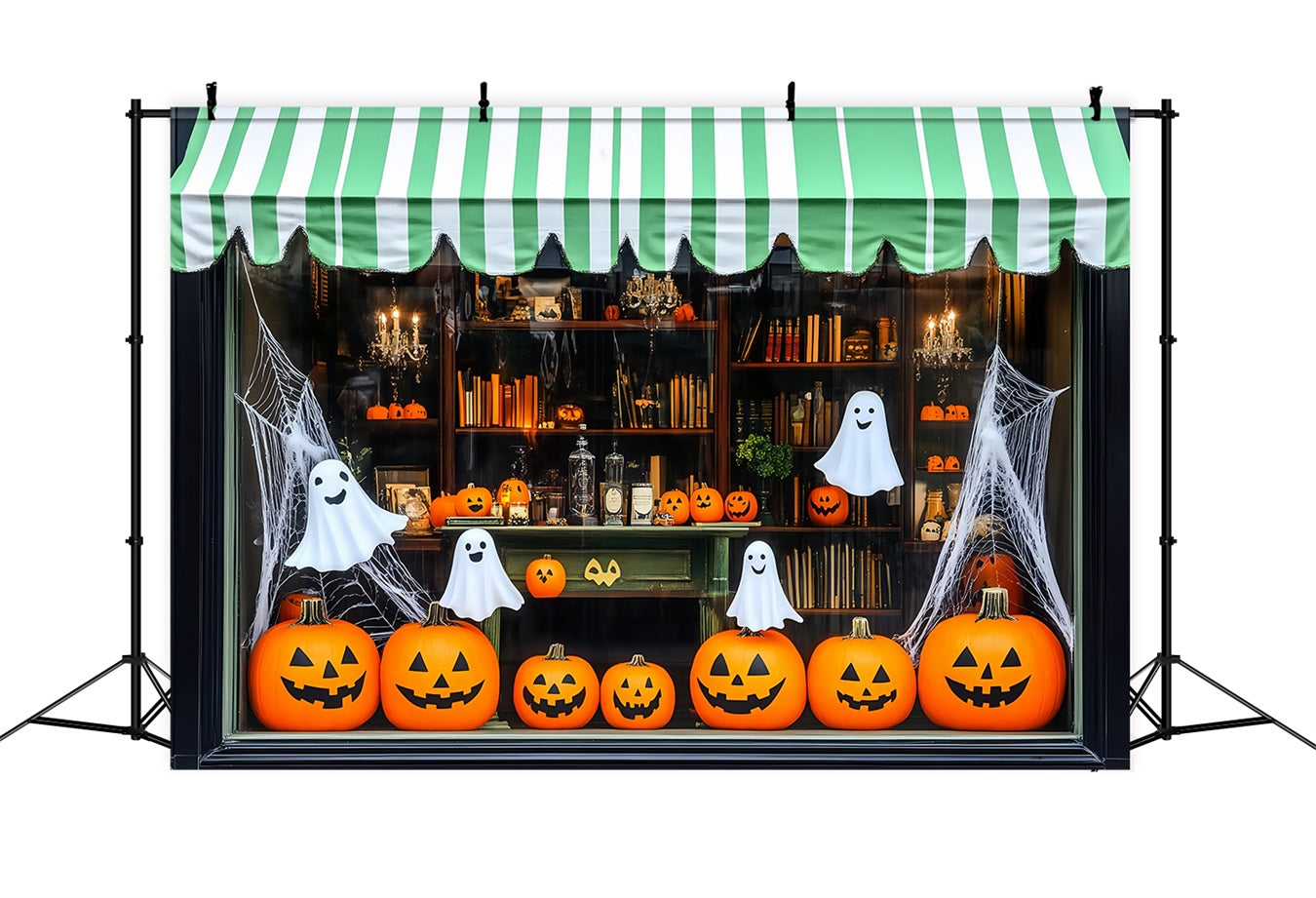 Halloween Smiling Pumpkins and Ghosts in Storefront Display Halloween Photo Backdrop UK TWW58-12