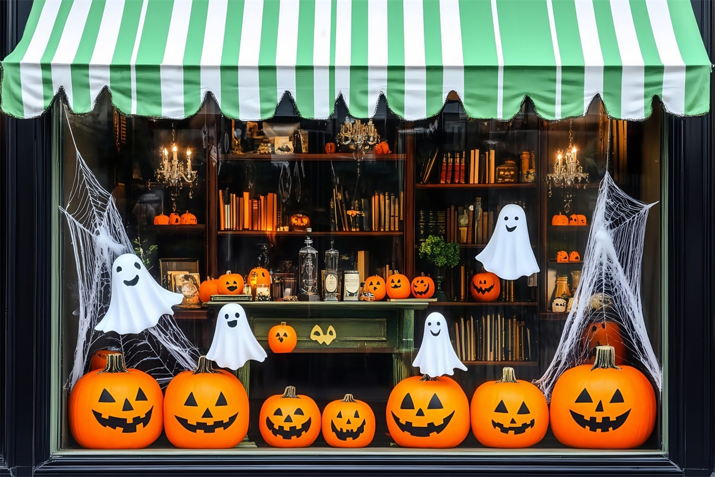 Halloween Smiling Pumpkins and Ghosts in Storefront Display Halloween Photo Backdrop UK TWW58-12