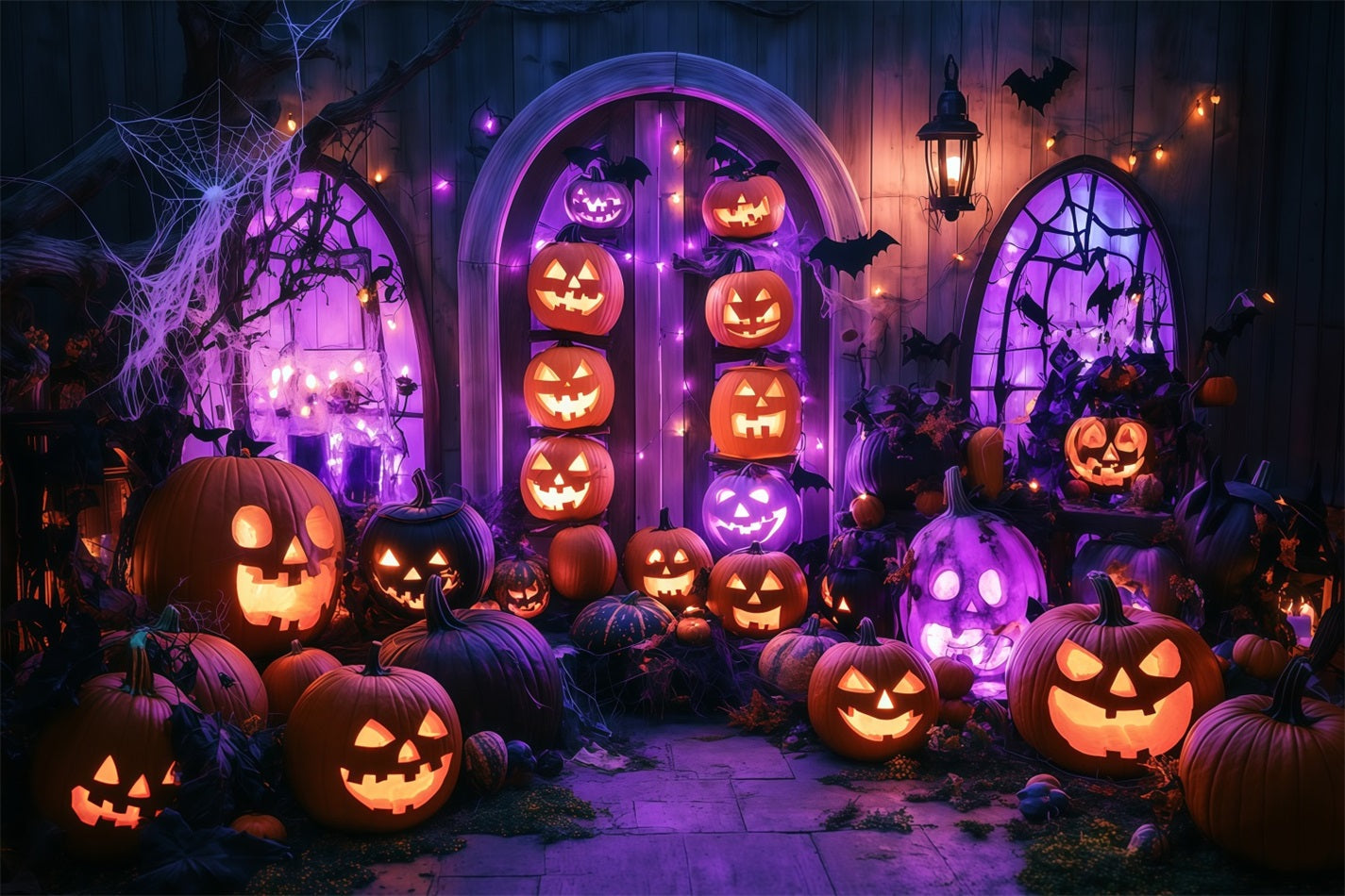 Halloween Wall Backdrop Glowing Jack-O’-Lantern Porch with Purple Lights Halloween Photo Backdrop UK TWW58-13
