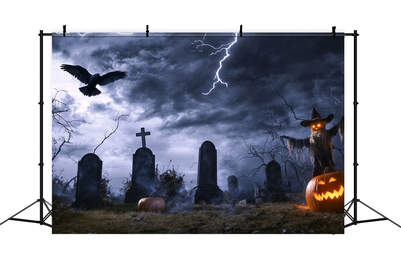 Halloween Graveyard Backdrop Stormy Graveyard with Scarecrow and Lightning Halloween Photo Backdrop UK TWW58-14