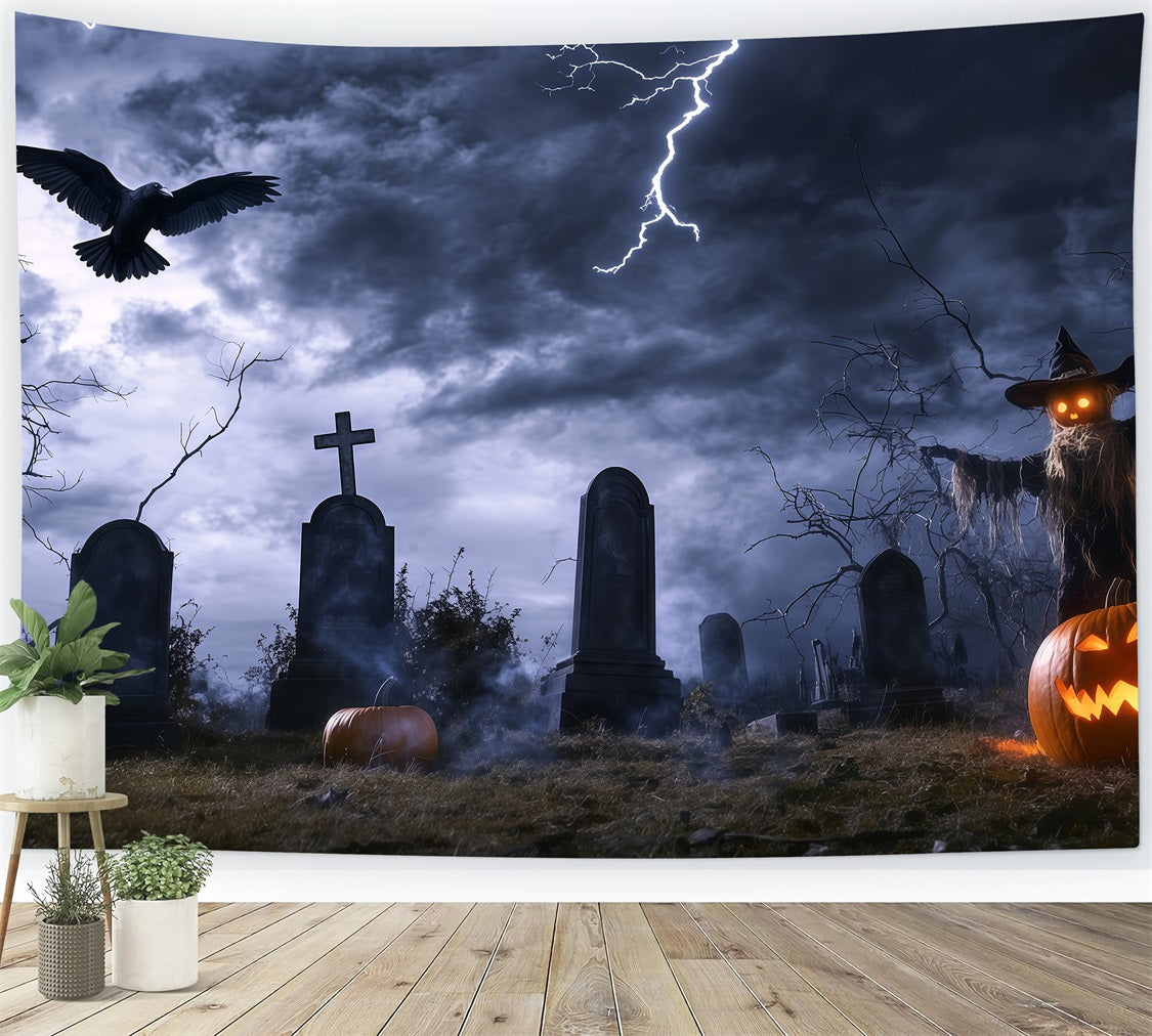 Halloween Graveyard Backdrop Stormy Graveyard with Scarecrow and Lightning Halloween Photo Backdrop UK TWW58-14