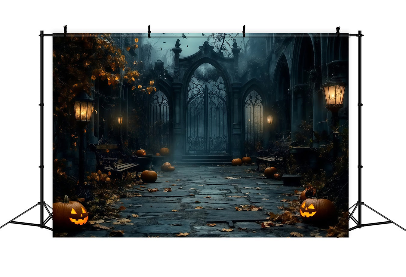 Halloween Foggy Gothic Gate with Scattered Pumpkins Halloween Photo Backdrop UK TWW58-15