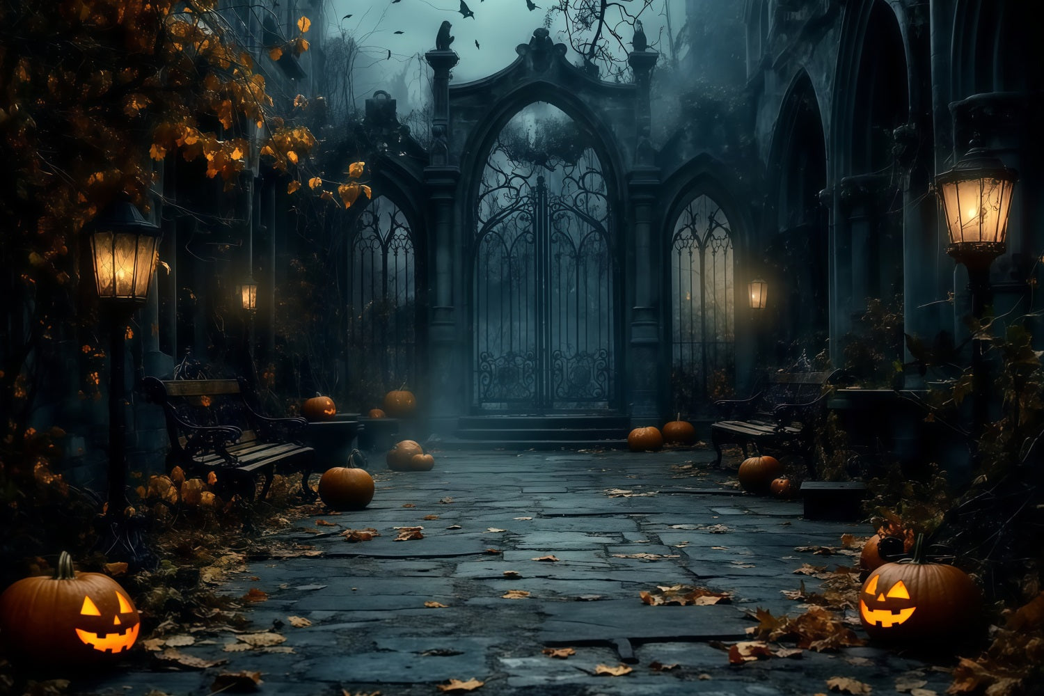 Halloween Foggy Gothic Gate with Scattered Pumpkins Halloween Photo Backdrop UK TWW58-15