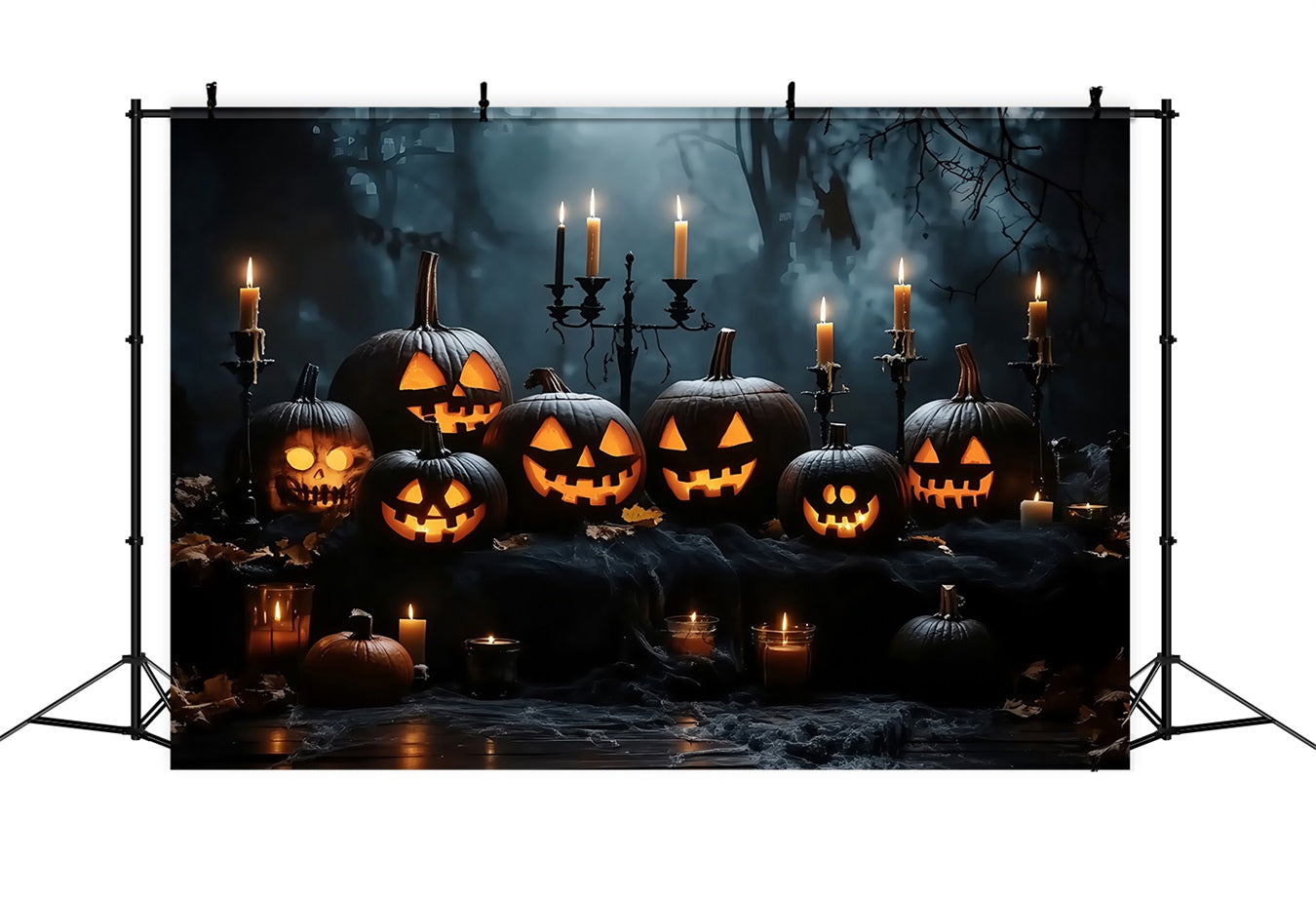 Halloween Candlelit Jack-O’-Lantern Display in Dark Woods Halloween Backdrop for Photos UK TWW58-16