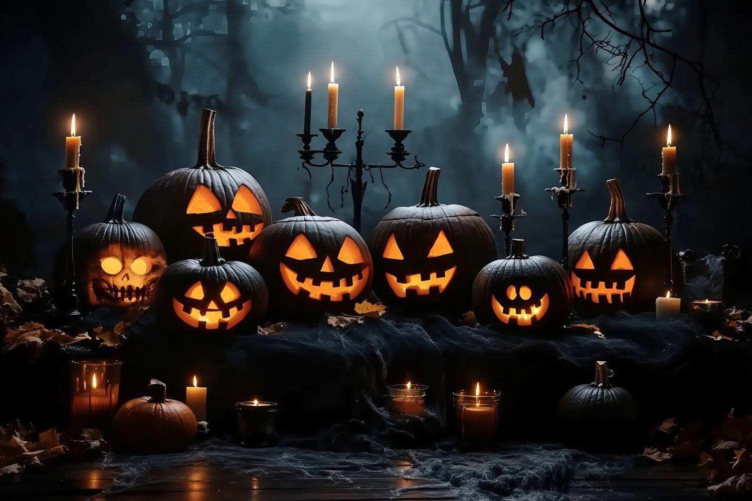 Halloween Candlelit Jack-O’-Lantern Display in Dark Woods Halloween Backdrop for Photos UK TWW58-16