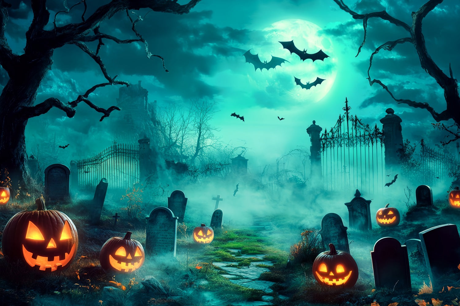 Halloween Graveyard Backdrop Spooky Graveyard with Glowing Jack-O’-Lanterns Halloween Backdrop for Photos UK TWW58-18