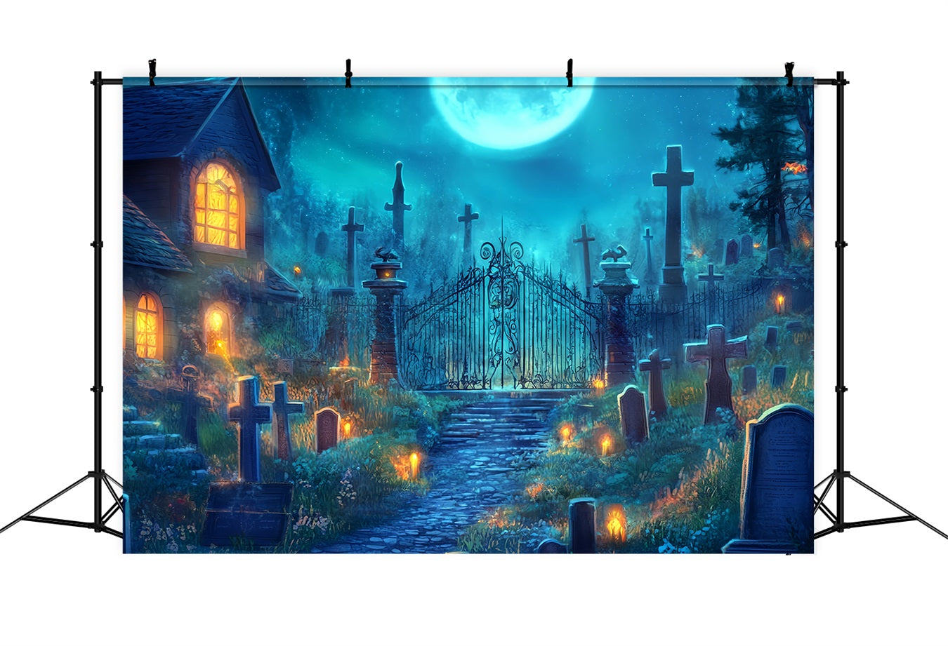 Halloween Graveyard Backdrop Moonlit Cemetery with Iron Gate Halloween Backdrop UK TWW58-2