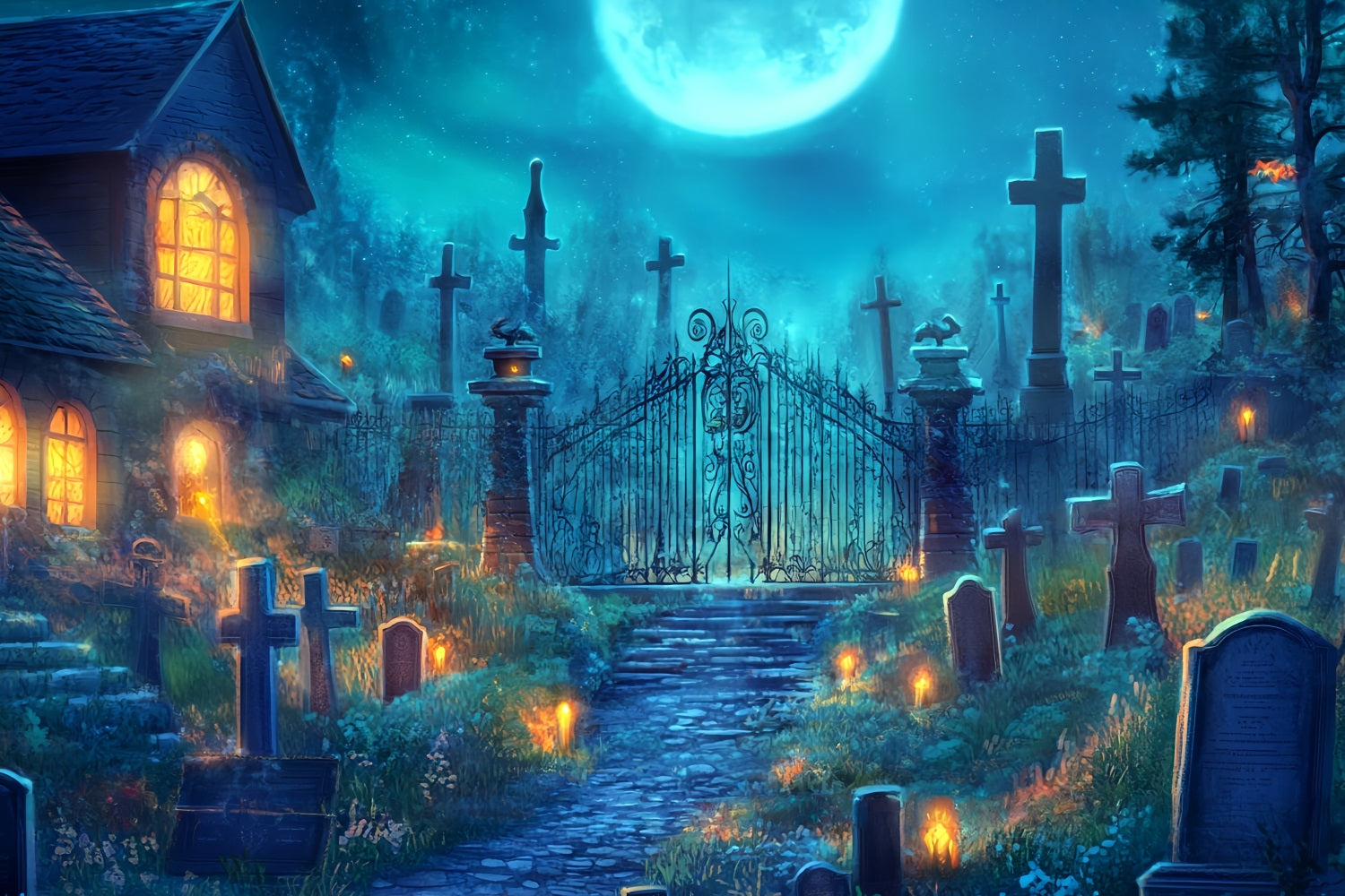 Halloween Graveyard Backdrop Moonlit Cemetery with Iron Gate Halloween Backdrop UK TWW58-2