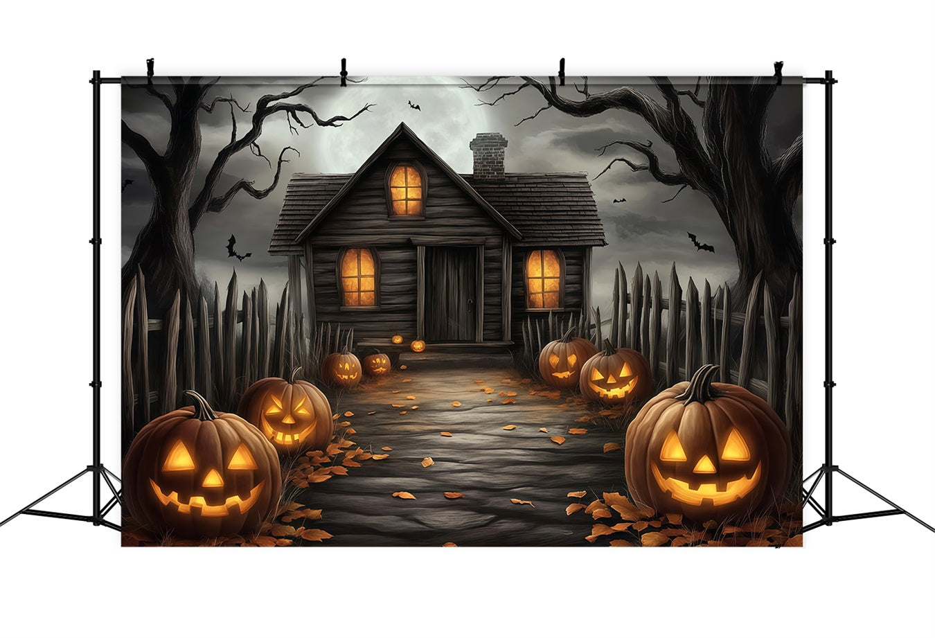Halloween Haunted House Pathway with Carved Pumpkins Halloween Backdrop for Photos UK TWW58-20