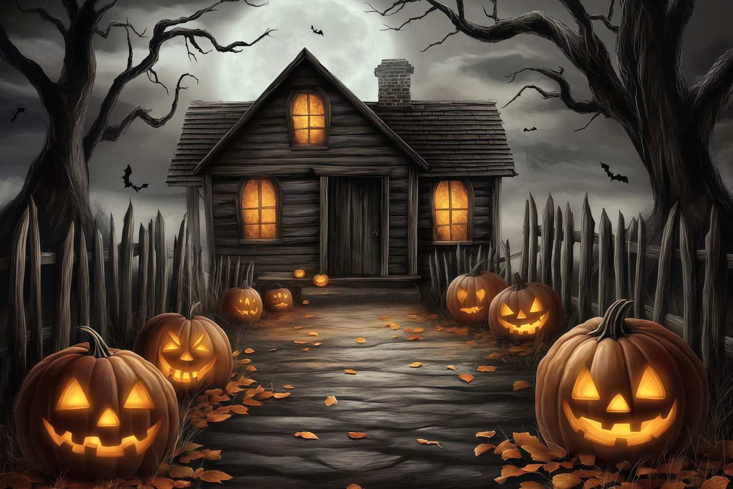 Halloween Haunted House Pathway with Carved Pumpkins Halloween Backdrop for Photos UK TWW58-20