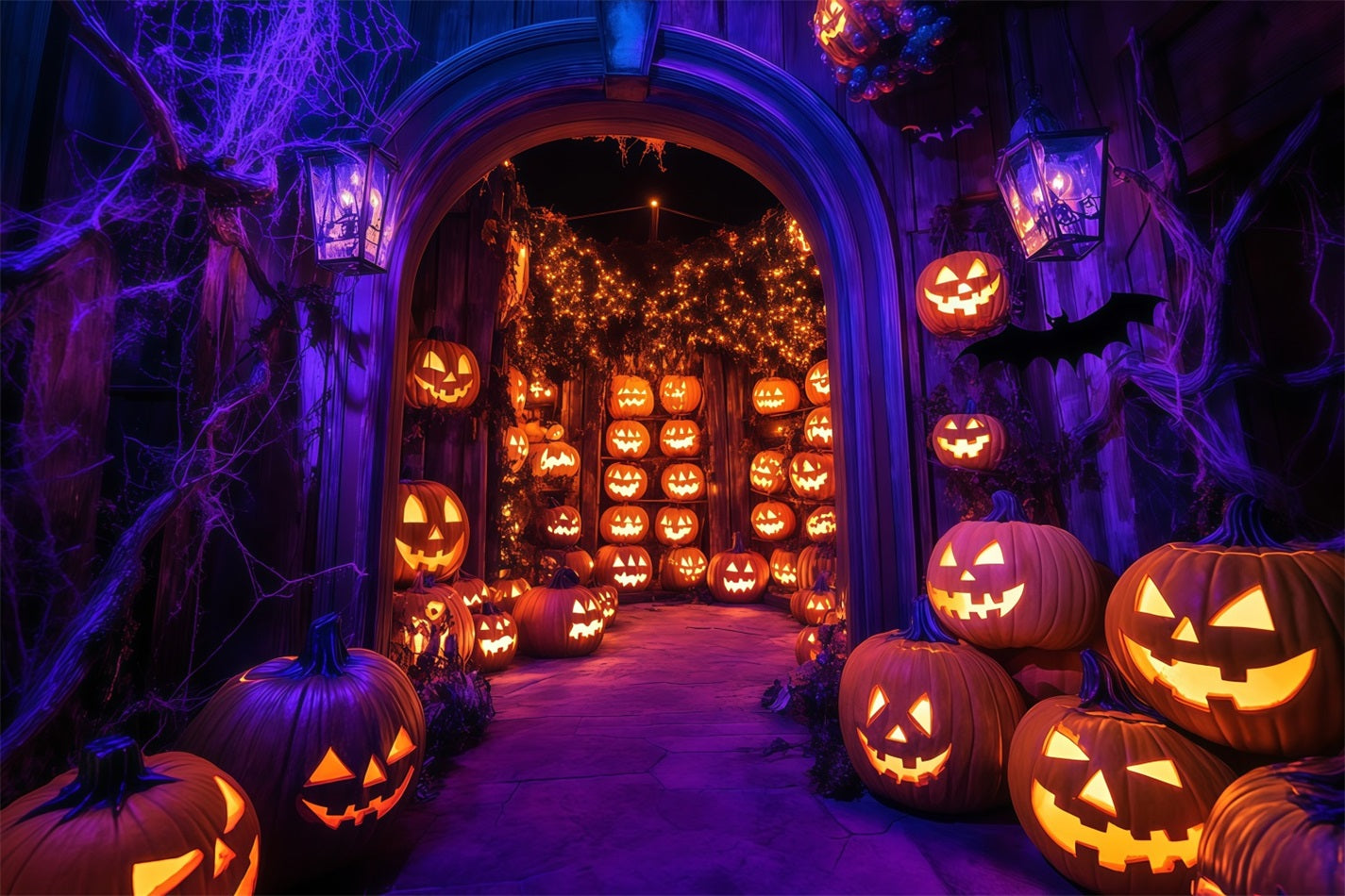 Halloween Wall Backdrop Glowing Jack-O’-Lantern Archway with Spider Webs Halloween Backdrop Ideas UK TWW58-21