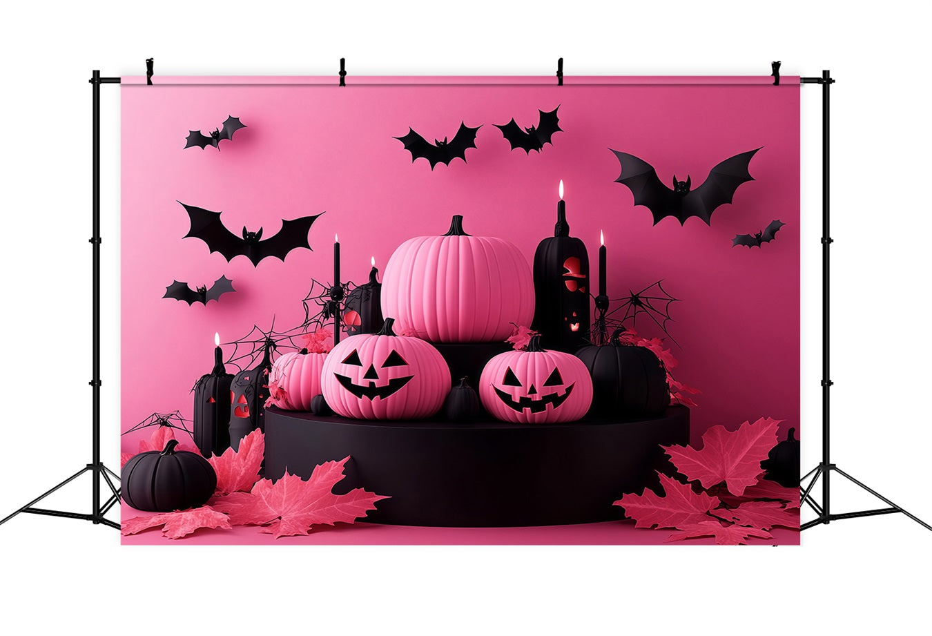 Halloween Pink and Black Pumpkins with Flying Bats Halloween Backdrop Ideas UK TWW58-22