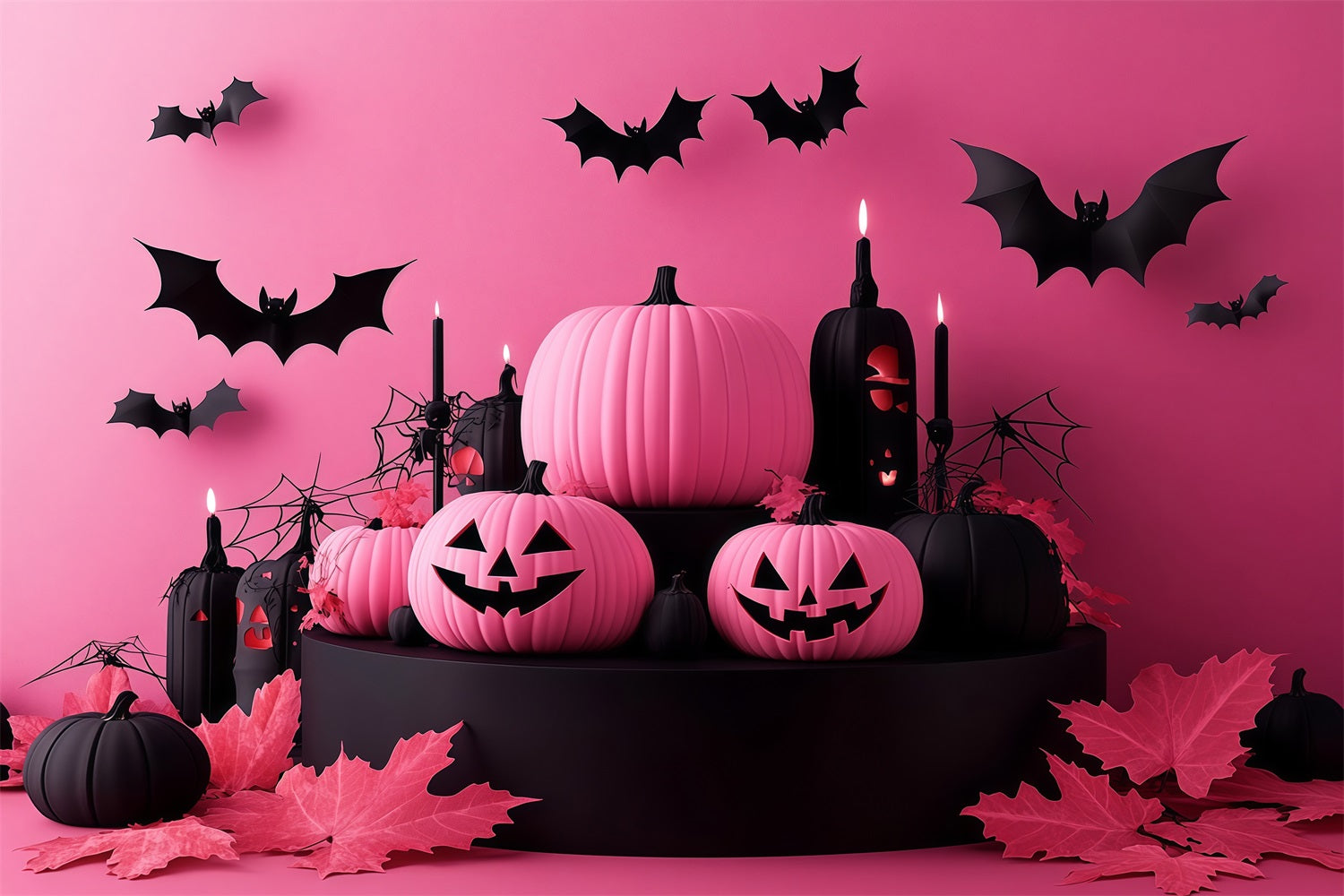Halloween Pink and Black Pumpkins with Flying Bats Halloween Backdrop Ideas UK TWW58-22