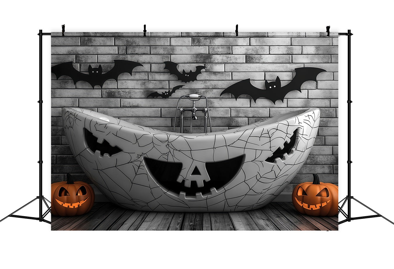 Halloween Haunted Bathtub with Pumpkin Carvings and Bats Halloween Backdrop Ideas UK TWW58-23