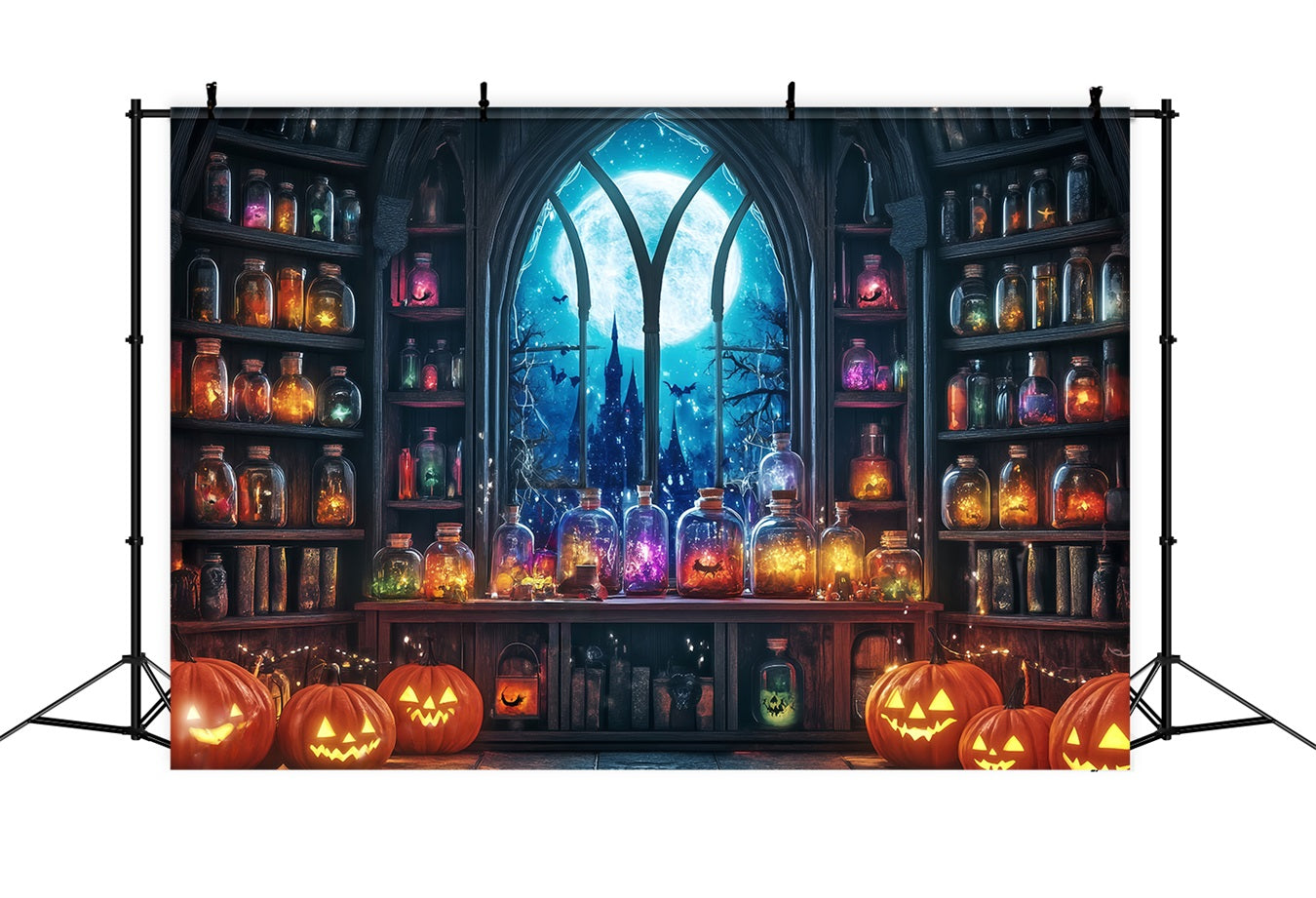 Halloween Wall Backdrop Moonlit Potion Room with Pumpkins and Jars Halloween Backdrop Ideas UK TWW58-24