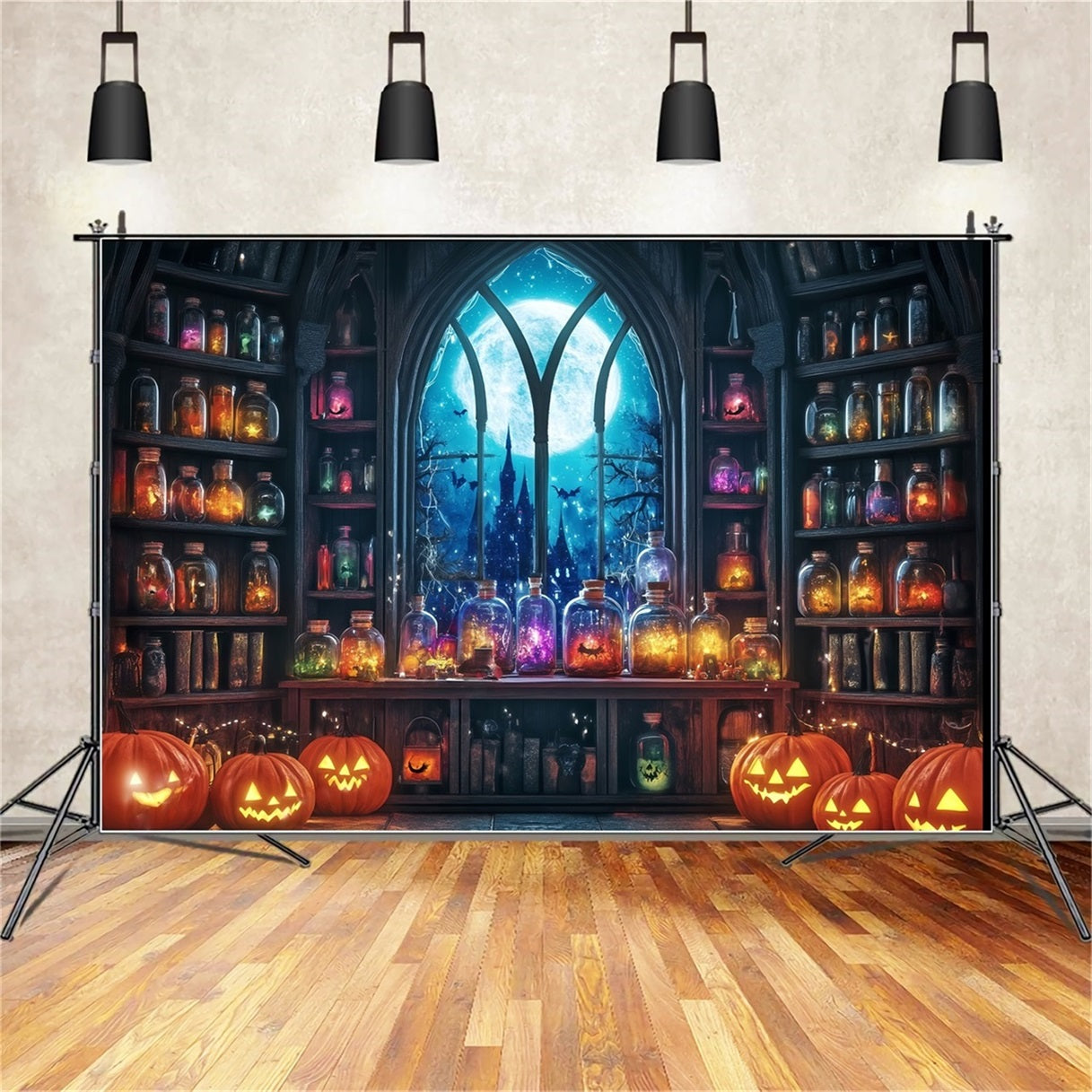 Halloween Wall Backdrop Moonlit Potion Room with Pumpkins and Jars Halloween Backdrop Ideas UK TWW58-24