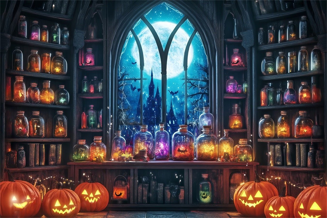 Halloween Wall Backdrop Moonlit Potion Room with Pumpkins and Jars Halloween Backdrop Ideas UK TWW58-24