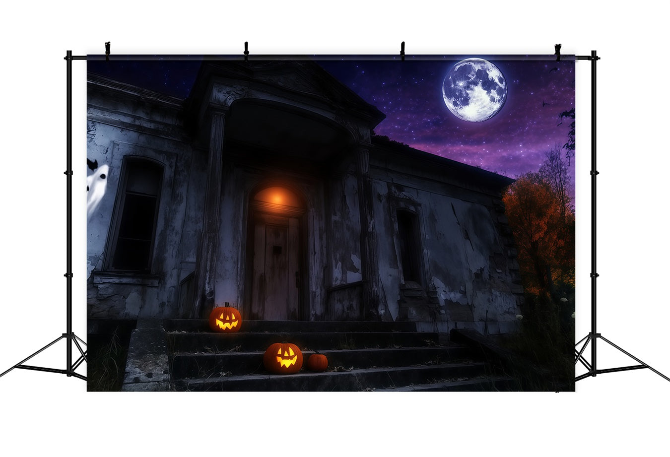 Haunted House Backdrop Haunted Mansion with Glowing Pumpkins Under Moon Halloween Backdrop Ideas UK TWW58-25
