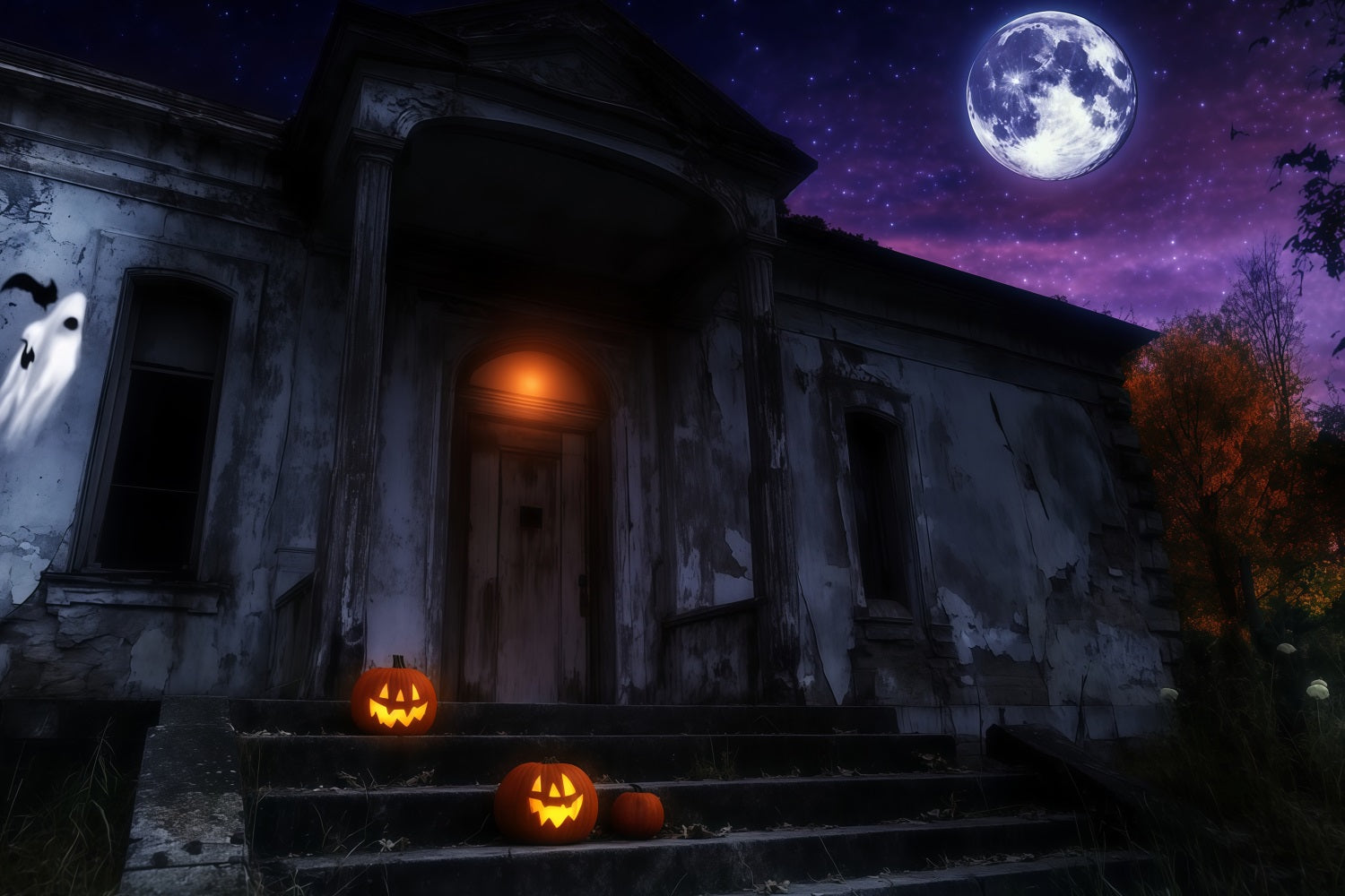 Haunted House Backdrop Haunted Mansion with Glowing Pumpkins Under Moon Halloween Backdrop Ideas UK TWW58-25