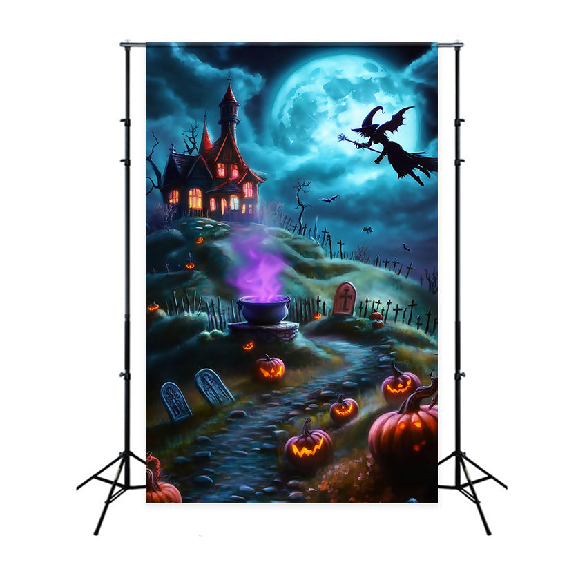 Halloween Witch Flying Over Spooky Hilltop Graveyard Halloween Backdrops for Photos UK TWW58-26