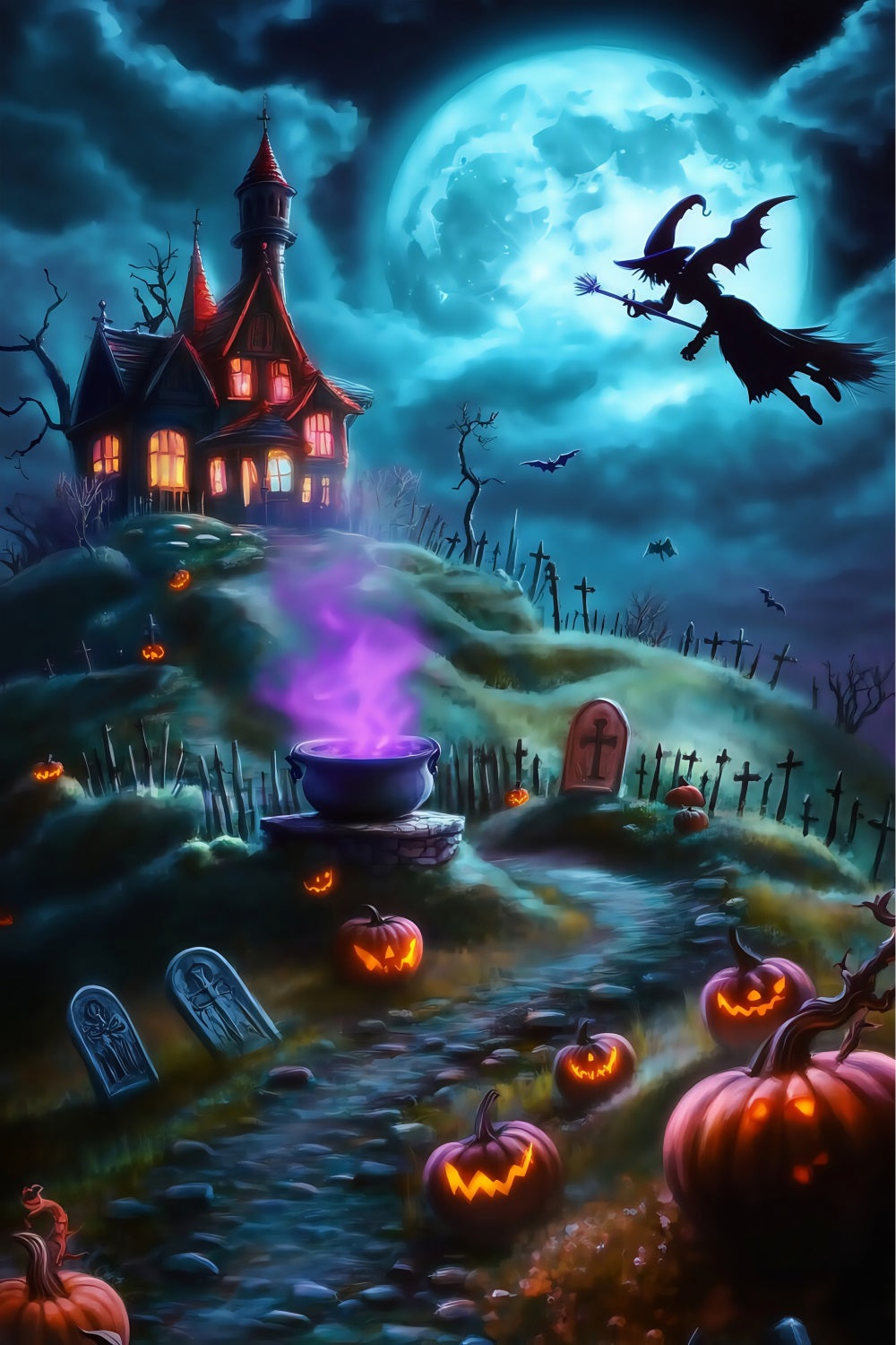Halloween Witch Flying Over Spooky Hilltop Graveyard Halloween Backdrops for Photos UK TWW58-26