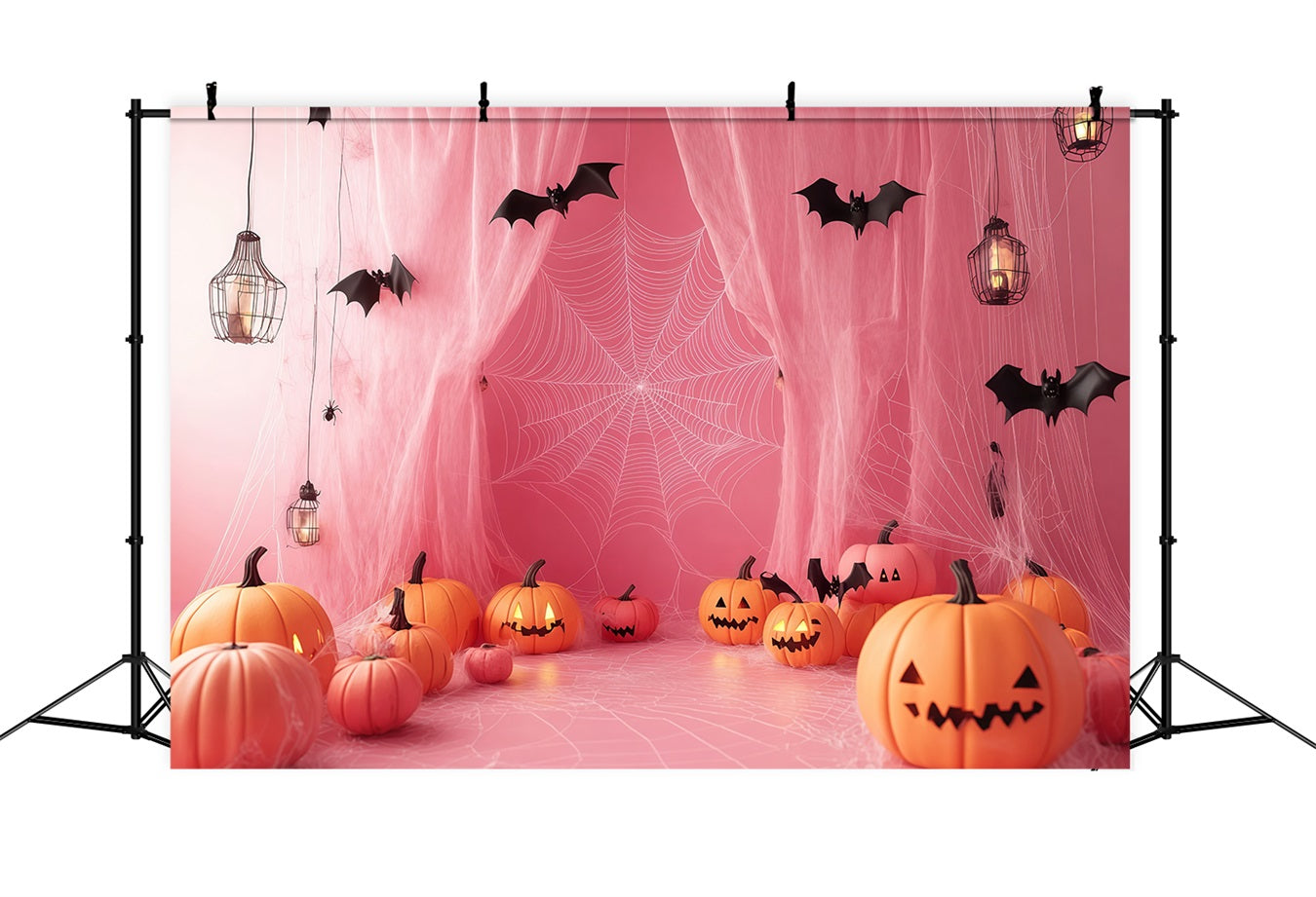Halloween Pink Spiderweb Drapes with Jack-O’-Lanterns Halloween Backdrops for Photos UK TWW58-27