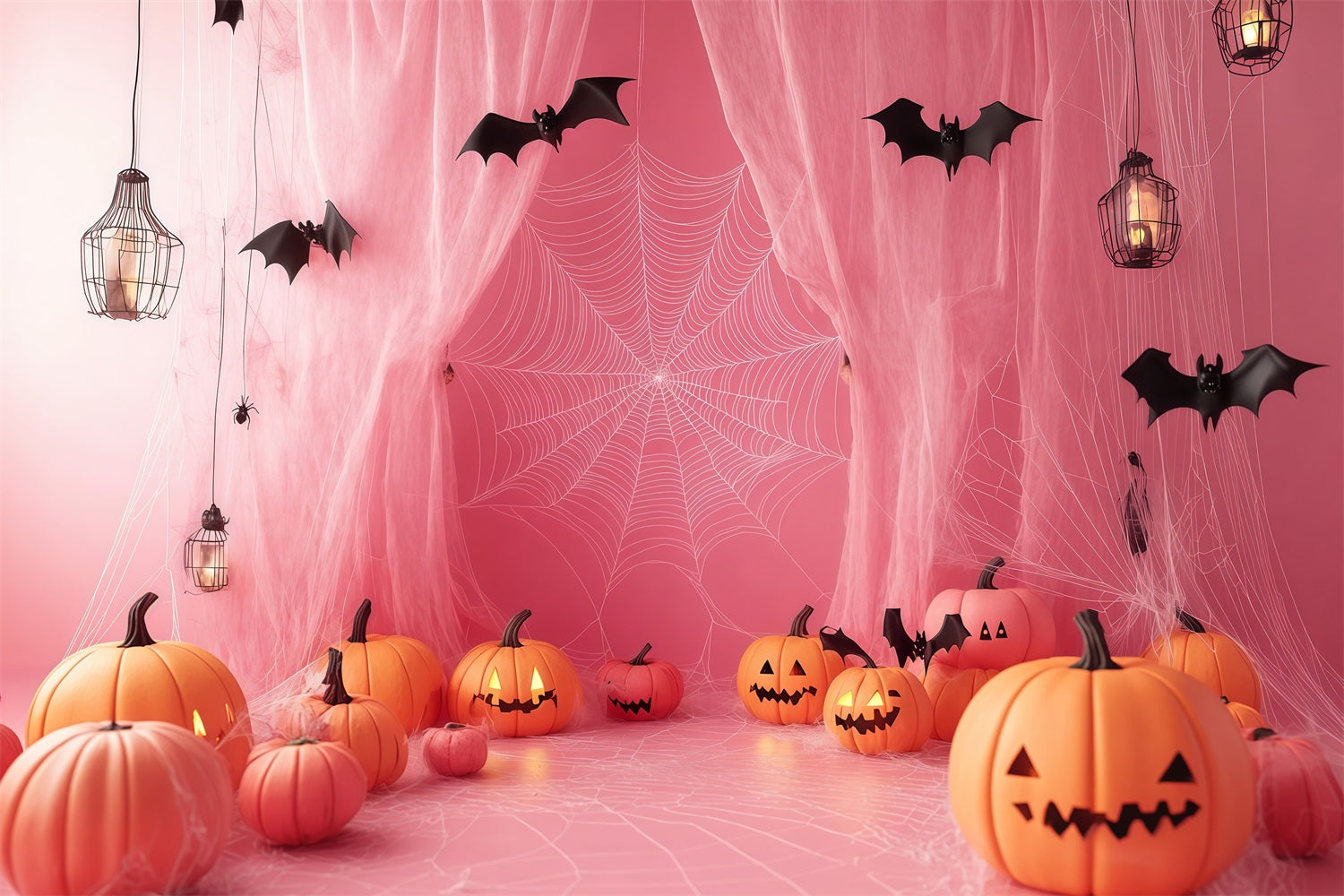 Halloween Pink Spiderweb Drapes with Jack-O’-Lanterns Halloween Backdrops for Photos UK TWW58-27