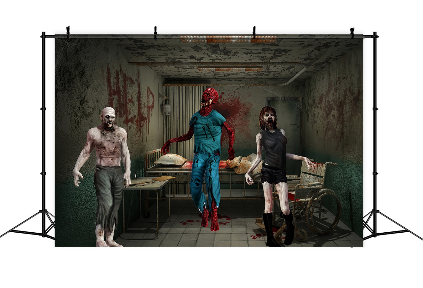 Garage Door Halloween Backdrop Bloodied Zombie Trio in Abandoned Hospital Room Scary Halloween Backdrops UK TWW58-28