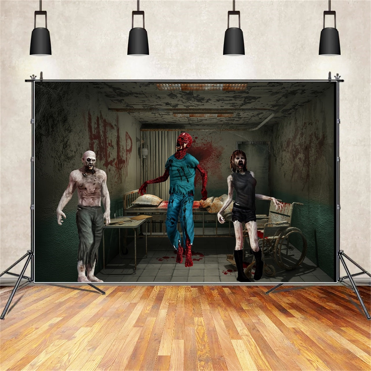Garage Door Halloween Backdrop Bloodied Zombie Trio in Abandoned Hospital Room Scary Halloween Backdrops UK TWW58-28