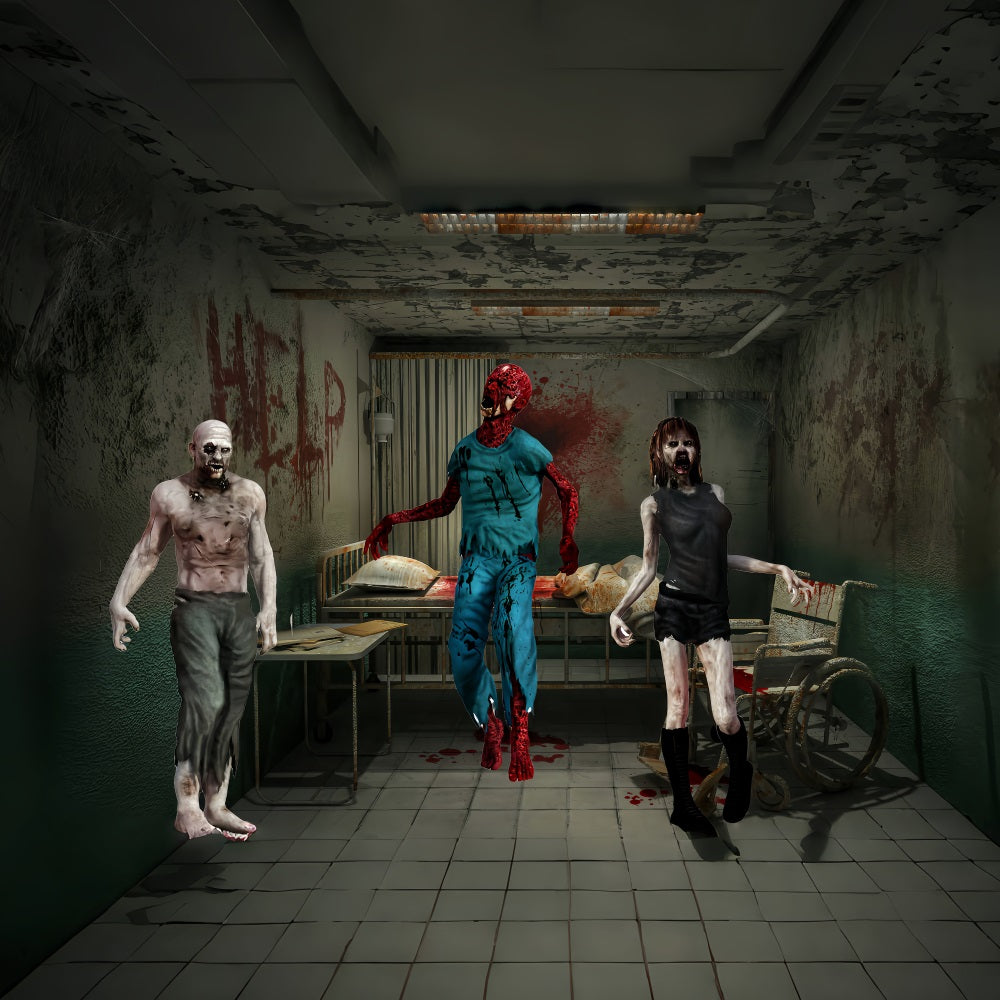 Garage Door Halloween Backdrop Bloodied Zombie Trio in Abandoned Hospital Room Scary Halloween Backdrops UK TWW58-28