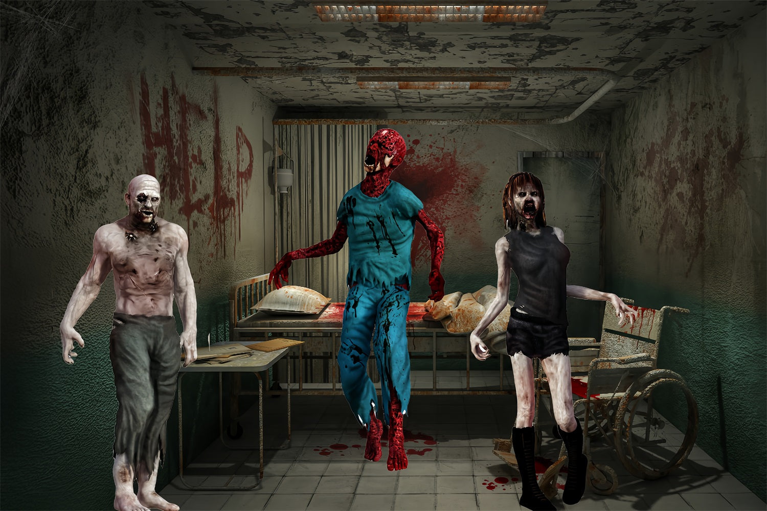 Garage Door Halloween Backdrop Bloodied Zombie Trio in Abandoned Hospital Room Scary Halloween Backdrops UK TWW58-28
