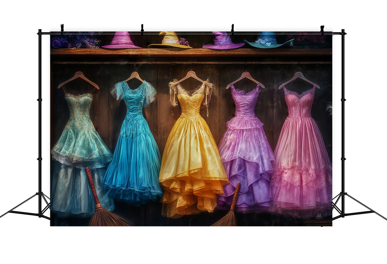 Halloween Colorful Witch Gowns with Matching Hats and Brooms Halloween Backdrops for Photos UK TWW58-29