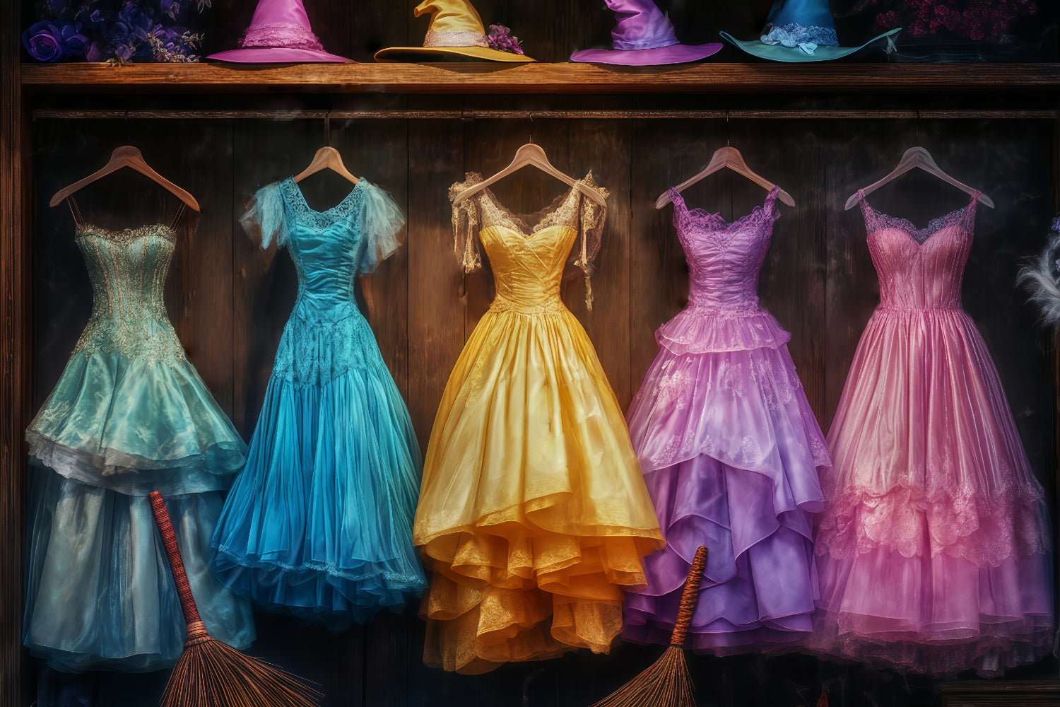 Halloween Colorful Witch Gowns with Matching Hats and Brooms Halloween Backdrops for Photos UK TWW58-29