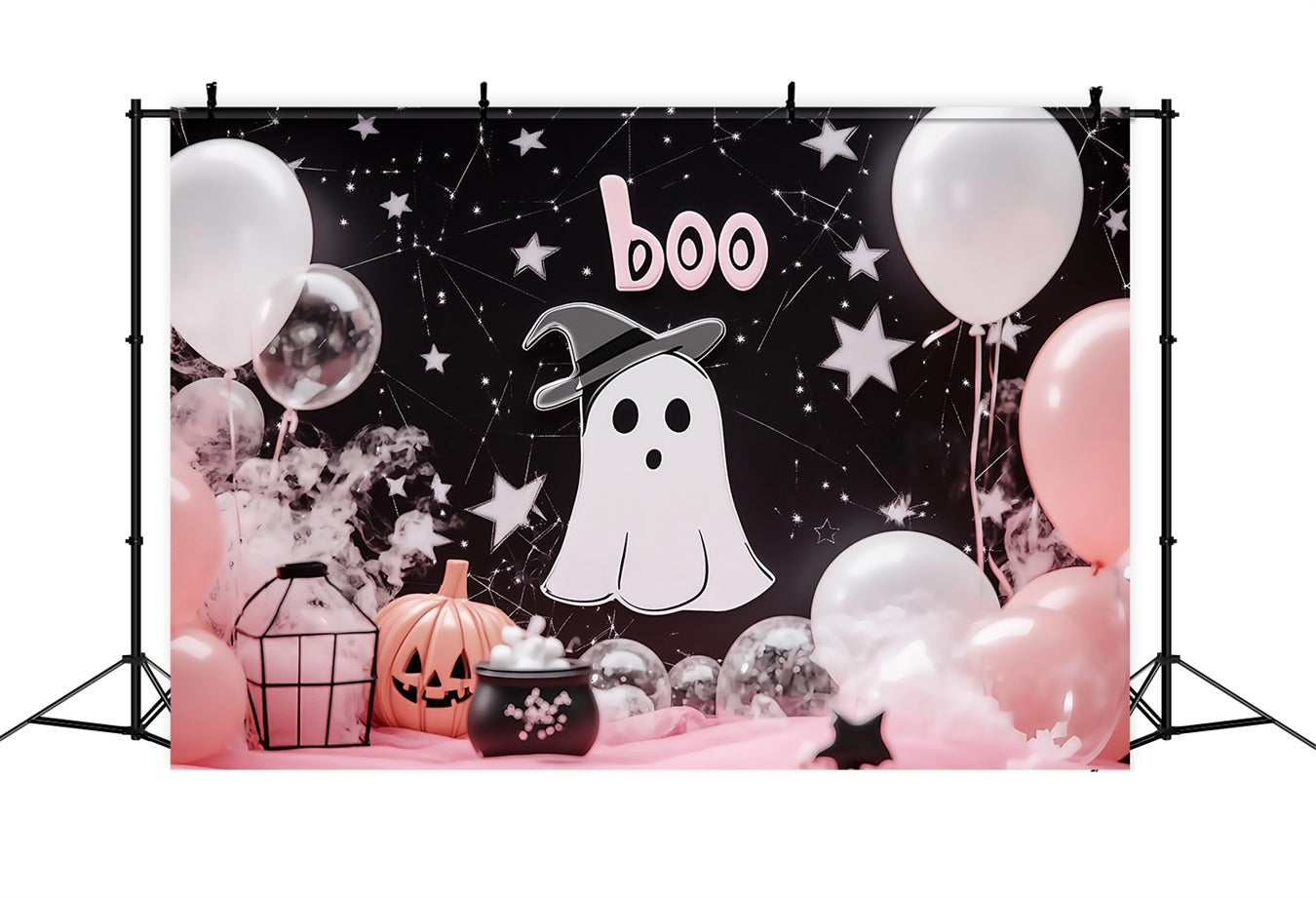 Halloween Wall Backdrop Cute Ghost with Pink Balloon Decor Halloween Backdrop UK TWW58-3