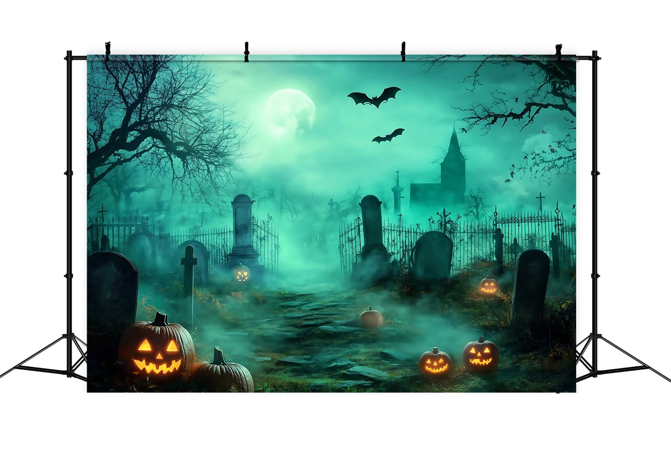 Halloween Graveyard Backdrop Foggy Graveyard Path with Glowing Jack-O’-Lanterns Halloween Backdrops for Photos UK TWW58-30