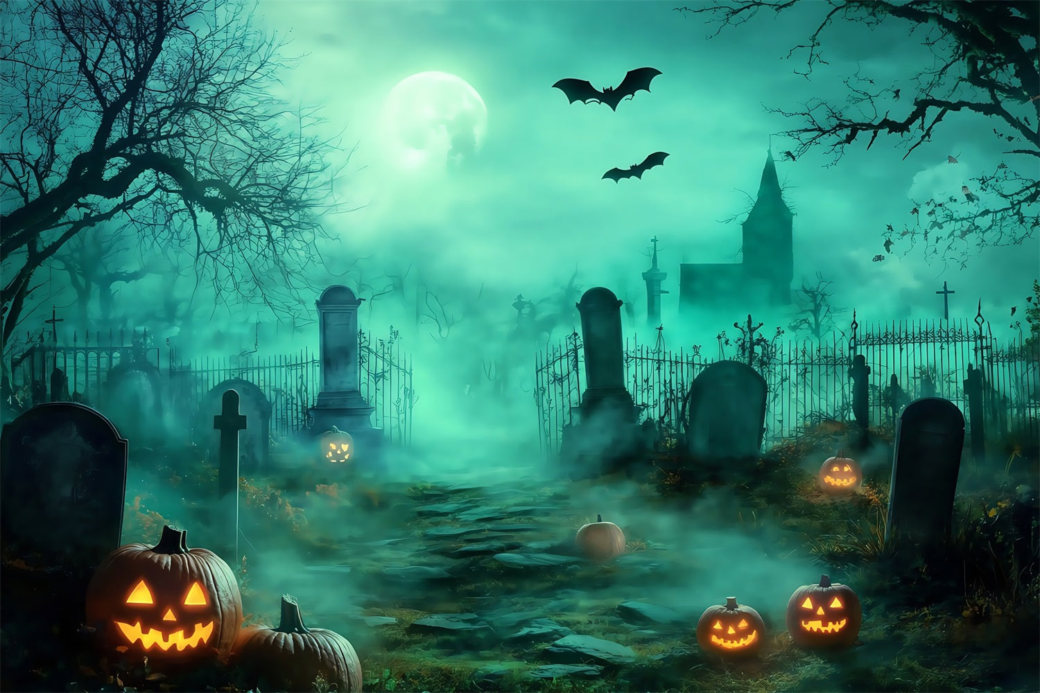 Halloween Graveyard Backdrop Foggy Graveyard Path with Glowing Jack-O’-Lanterns Halloween Backdrops for Photos UK TWW58-30