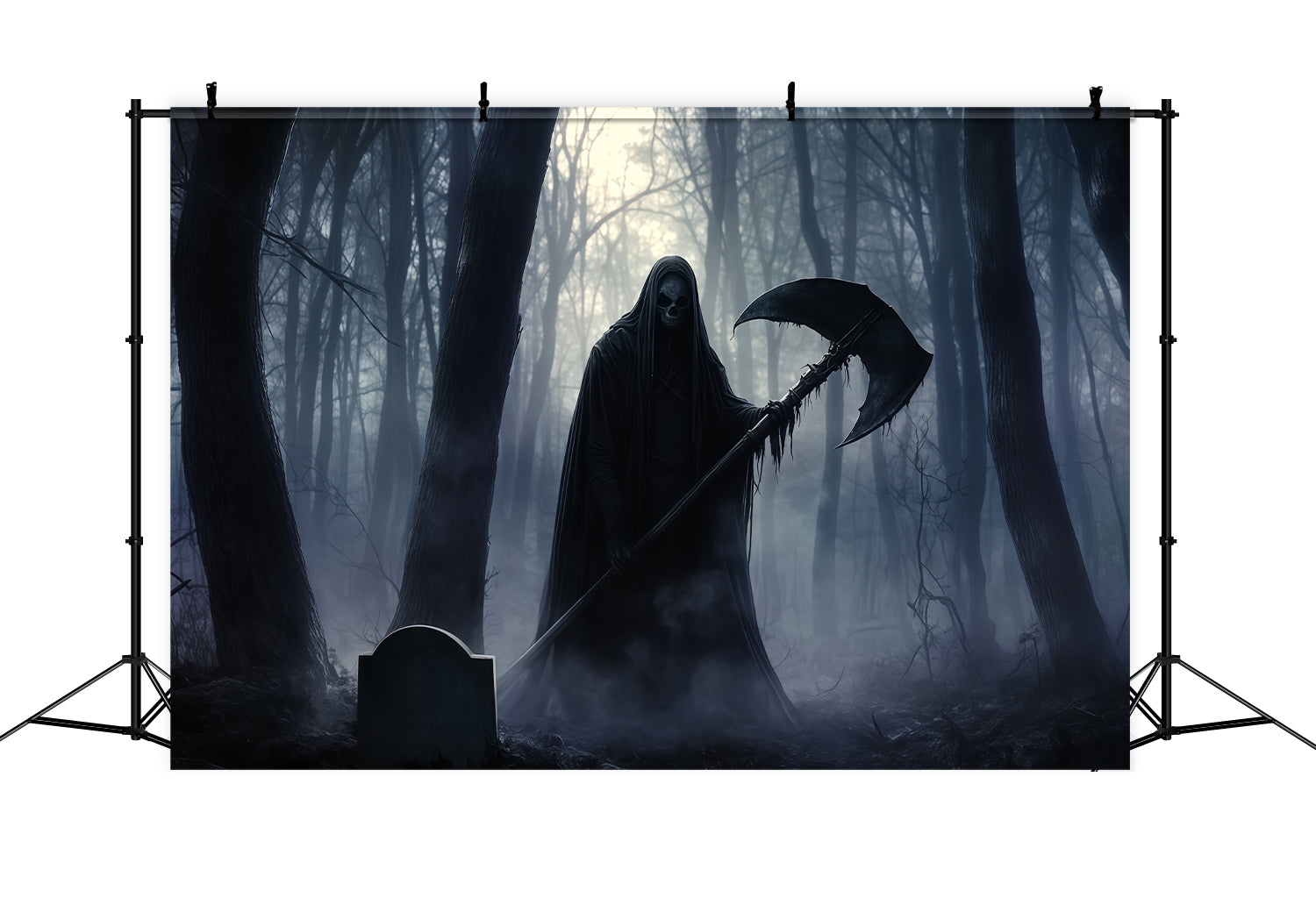Garage Door Halloween Backdrop Grim Reaper Holding Scythe in Dark Forest Halloween Photo Backdrops UK TWW58-31