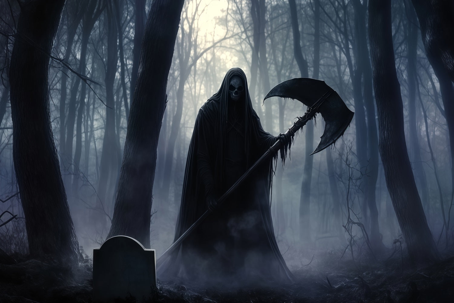 Garage Door Halloween Backdrop Grim Reaper Holding Scythe in Dark Forest Halloween Photo Backdrops UK TWW58-31